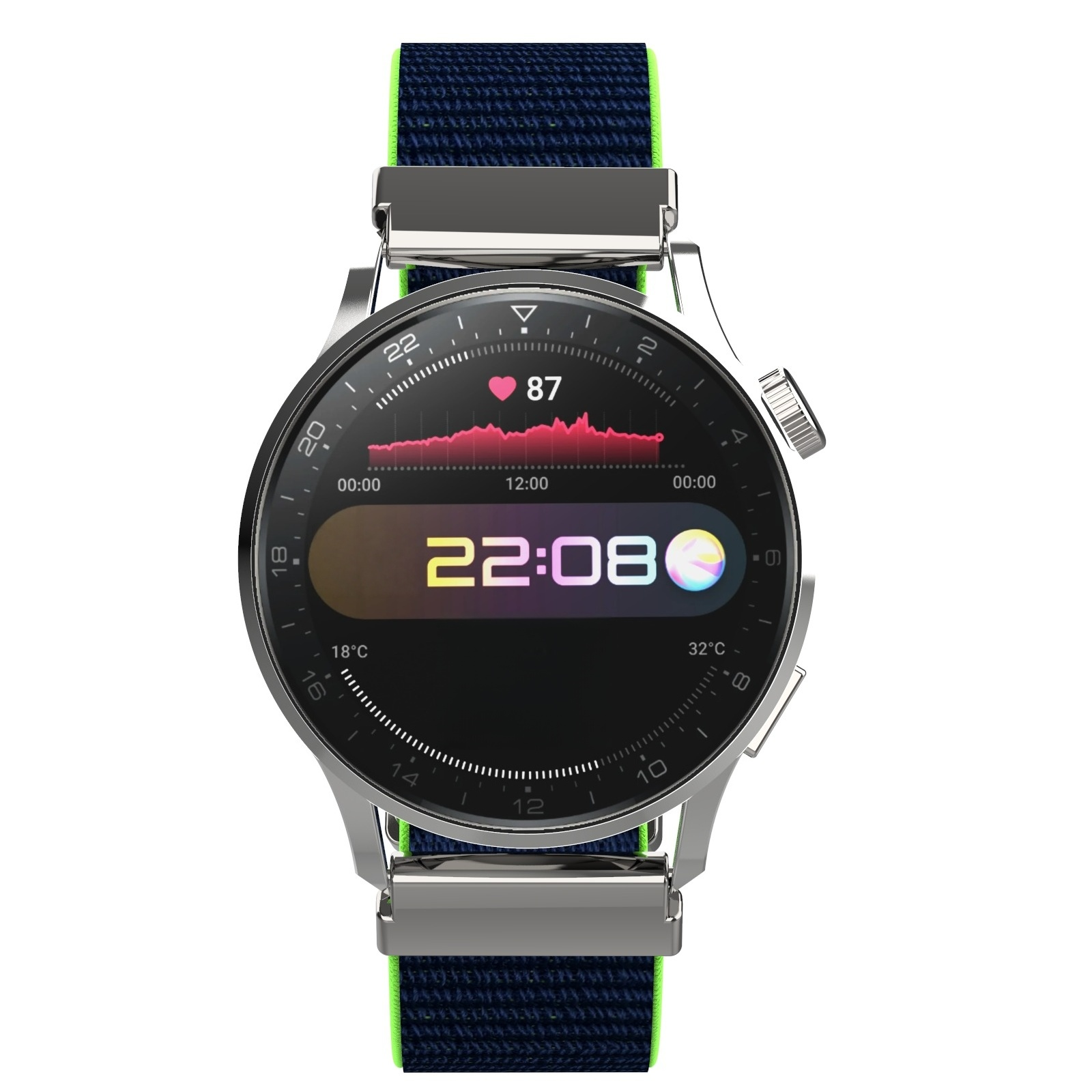 Eine Smartwatch mit blauem Band und Herzfrequenzanzeige.