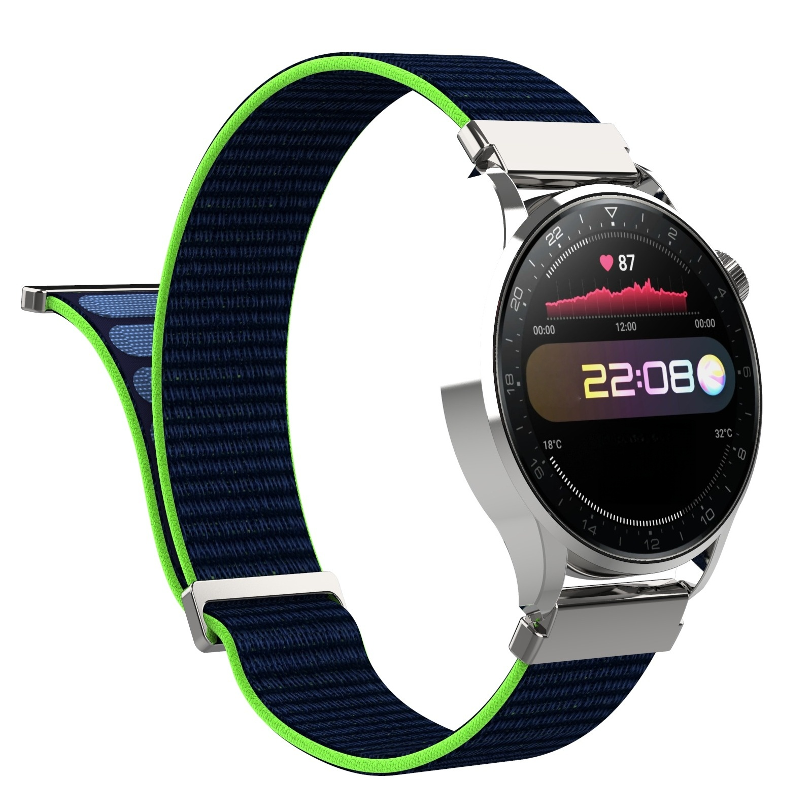 Eine Smartwatch mit blauem Armband mit grünen Kanten, die 22:08 anzeigt.