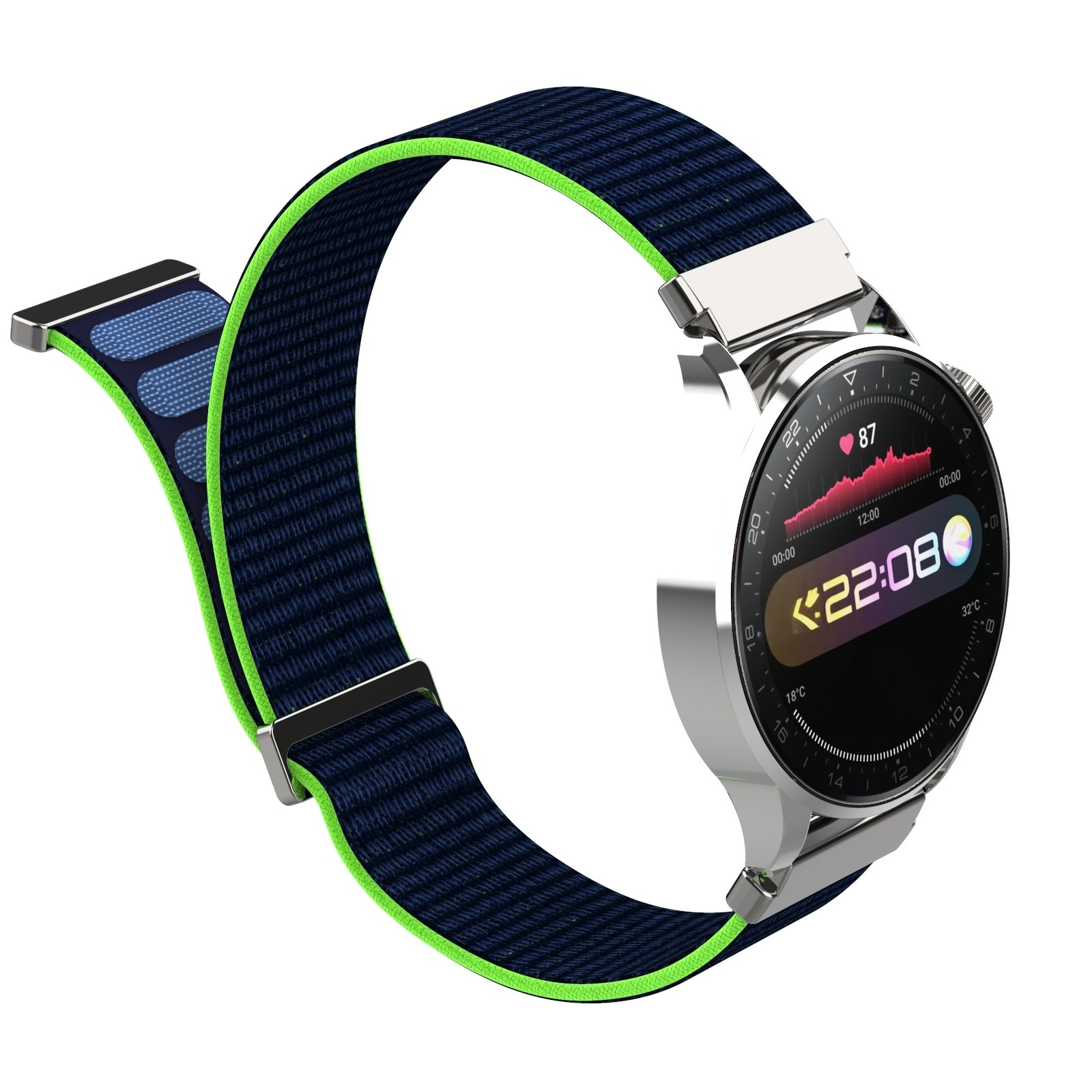 Eine silberne Smartwatch mit blauem Armband und grüner Kante, zeigt 22:08 Uhr.