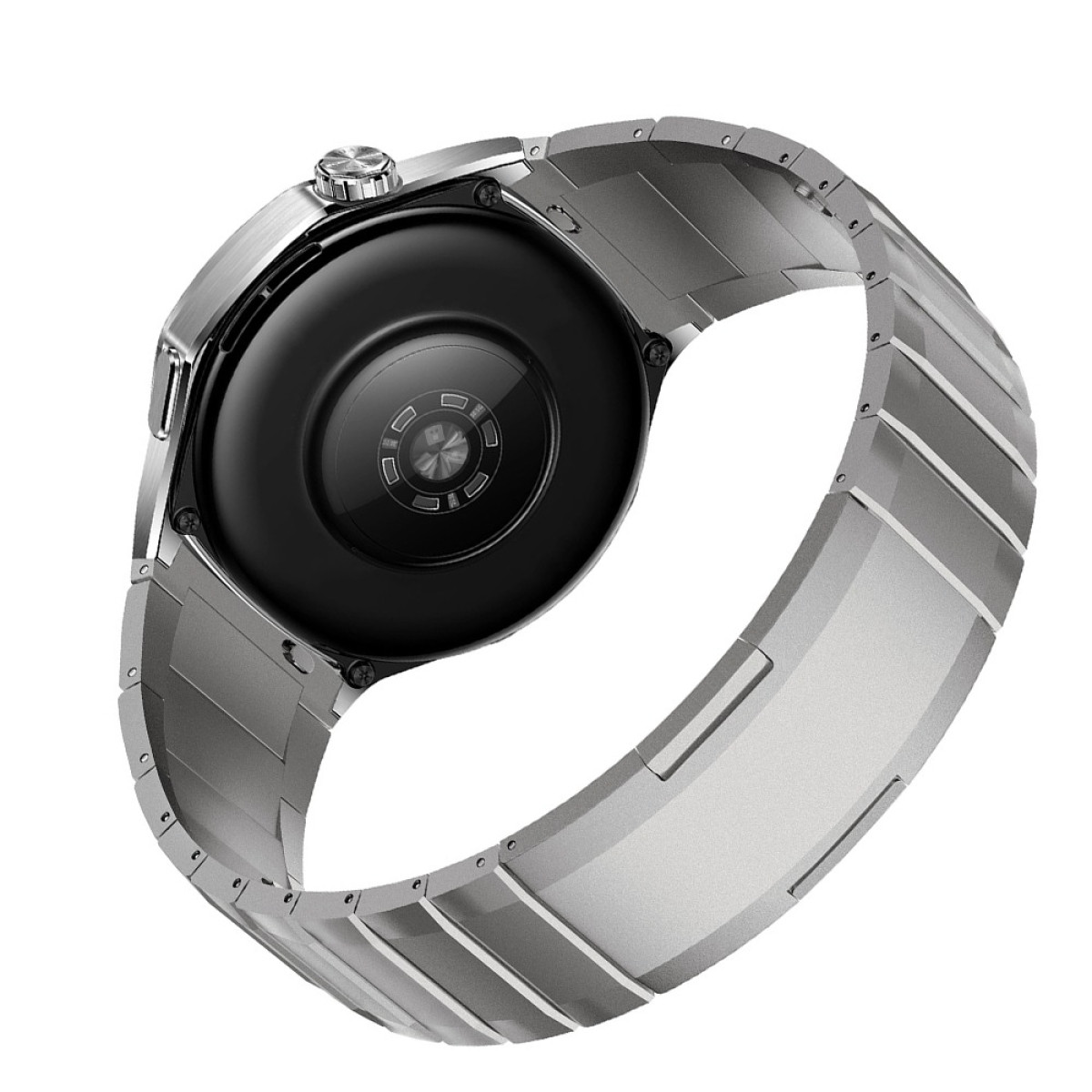 Rückseite einer silbernen Smartwatch mit Metallarmband, Nahaufnahme.