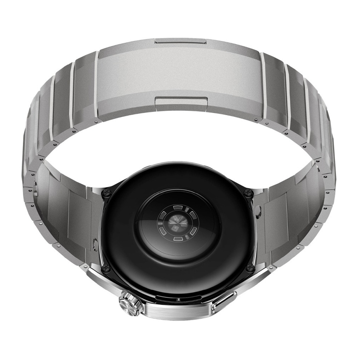 Rückseite einer silbernen Smartwatch mit Metallarmband. Weiße Hintergrund.
