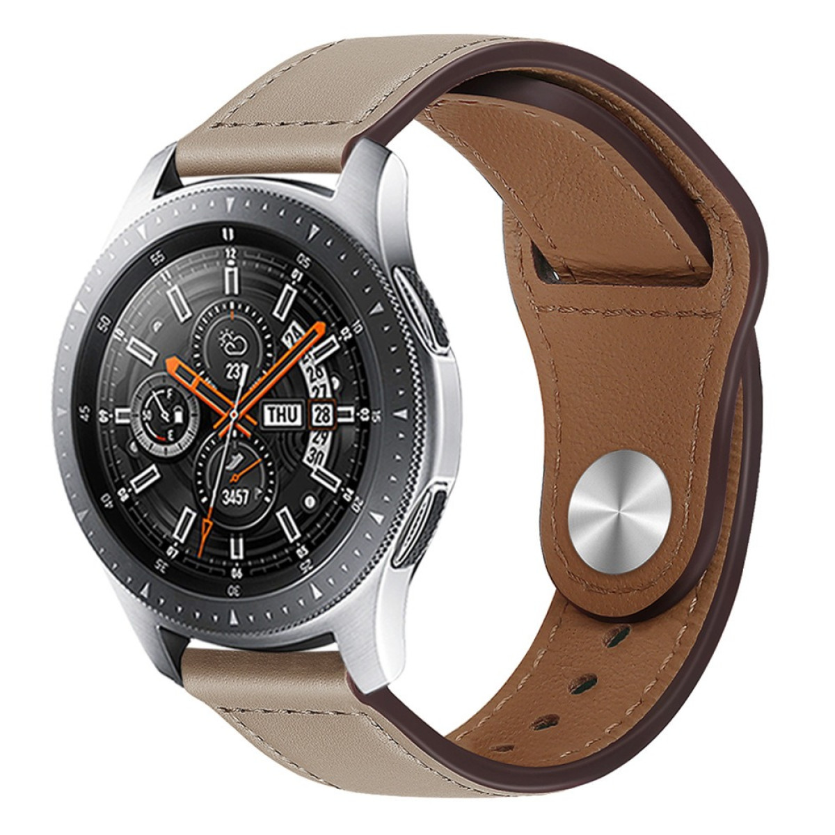 Eine silberne Smartwatch mit braunem Lederarmband und schwarzem Zifferblatt.