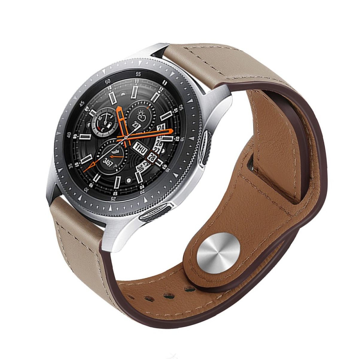 Silberne Smartwatch mit braunem Lederarmband und schwarzem Zifferblatt.