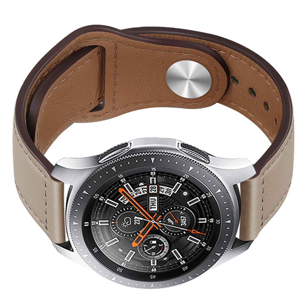 Eine silberne Smartwatch mit braunem Lederarmband und silbernem Knopf.