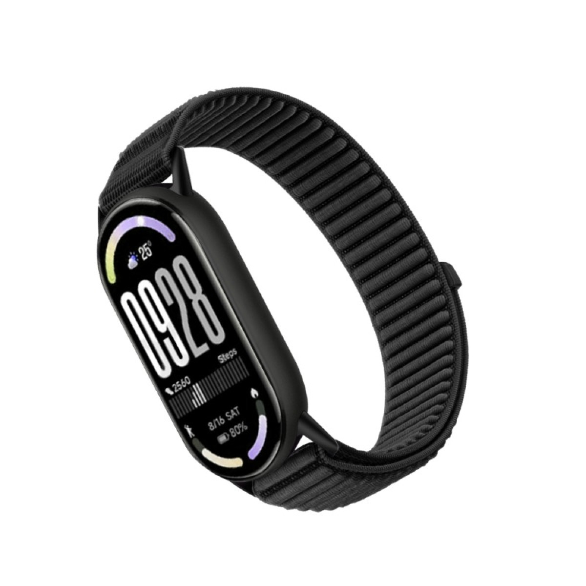 Schwarzes Smartwatch-Armband mit digitaler Anzeige, die 25 Grad, 9:28 Uhr, 2560 Schritte und 80% Akku anzeigt.