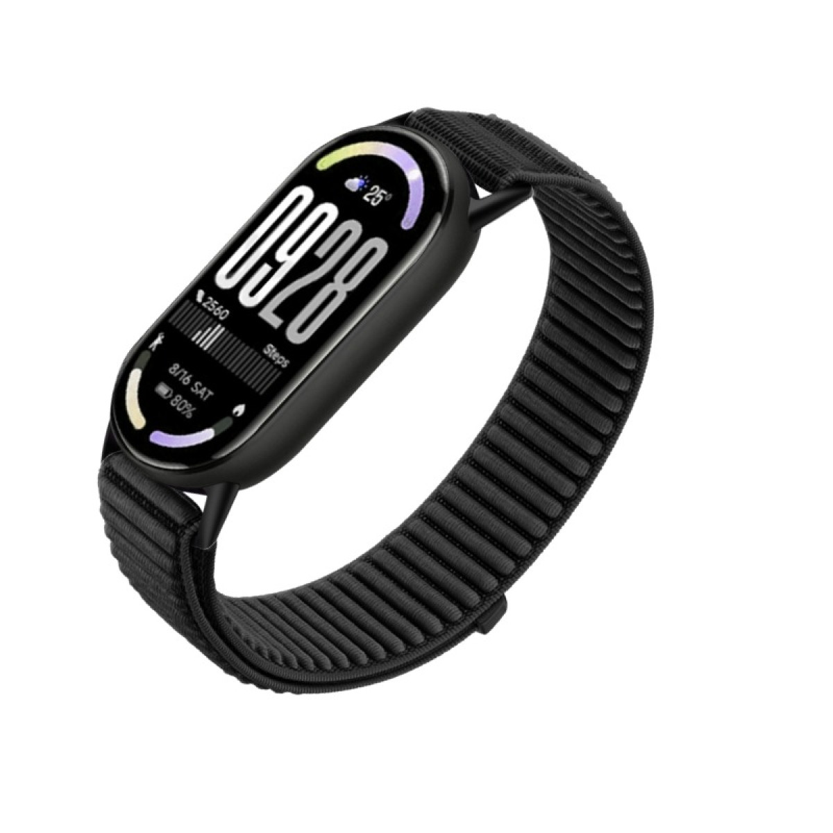 Schwarzes Smartband mit digitaler Zeitanzeige, Schritten und Wetterdaten.