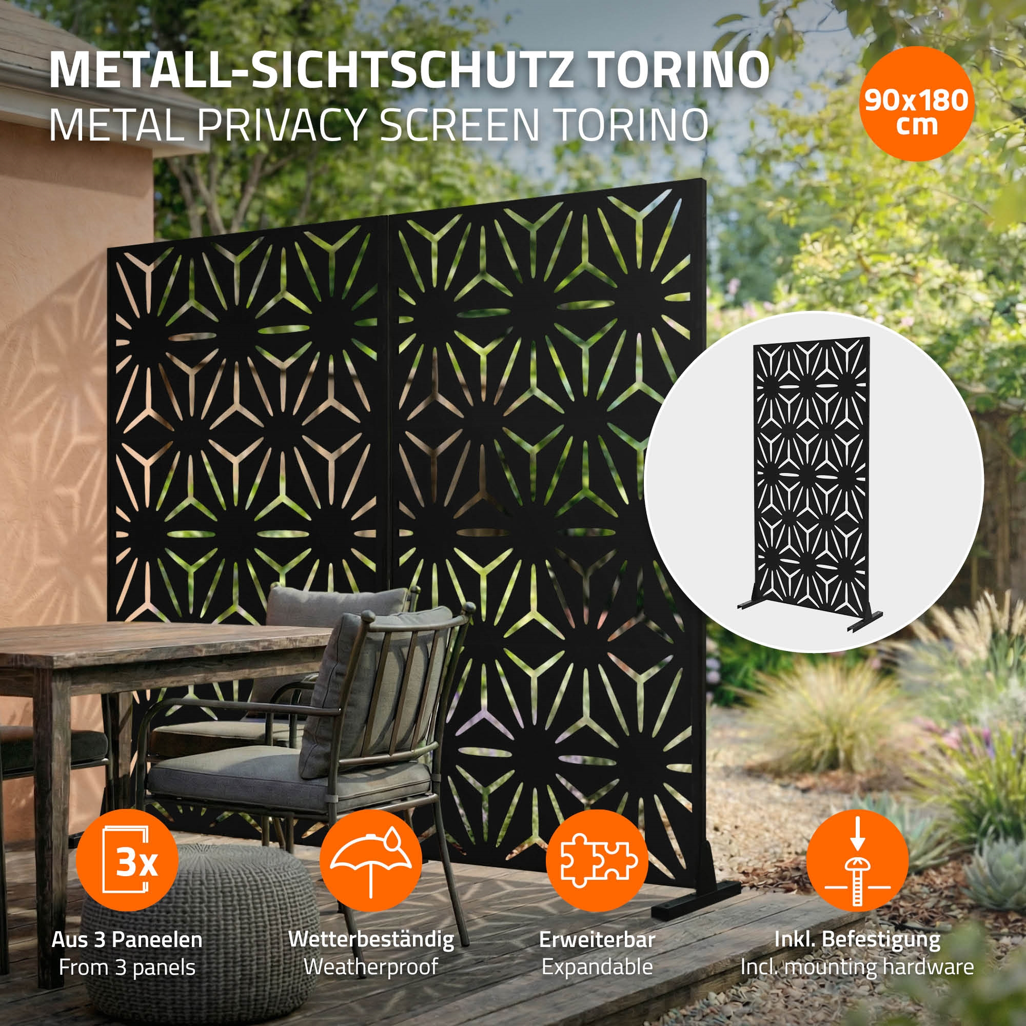 Schwarzer Metall-Sichtschutz mit geometrischem Muster, 90x180 cm.