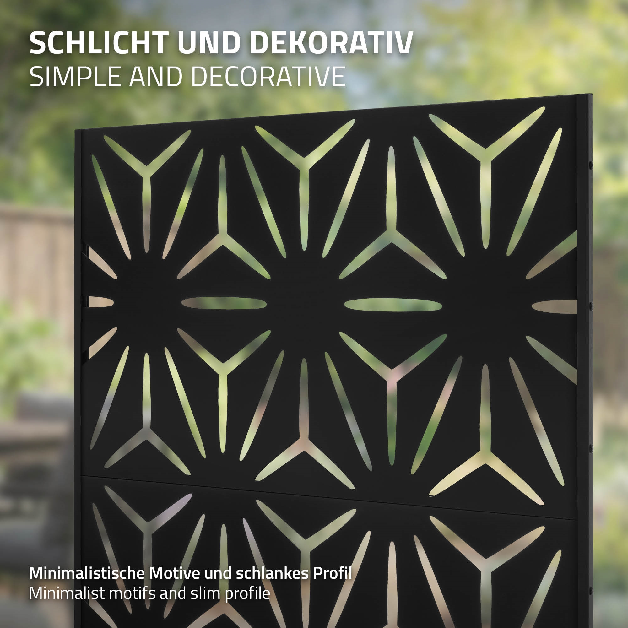 Schwarzer Sichtschutz mit geometrischen Mustern und grüner Unschärfe im Hintergrund.