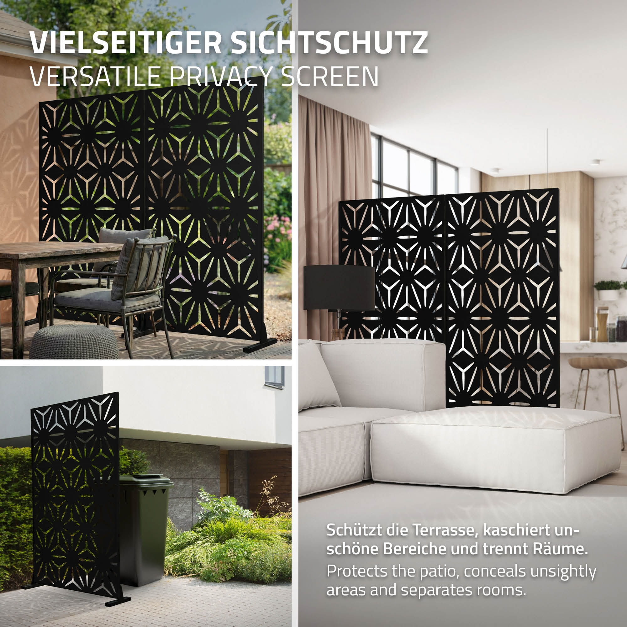 Schwarze Sichtschutzwand mit geometrischem Muster, auf Terrasse und drinnen.