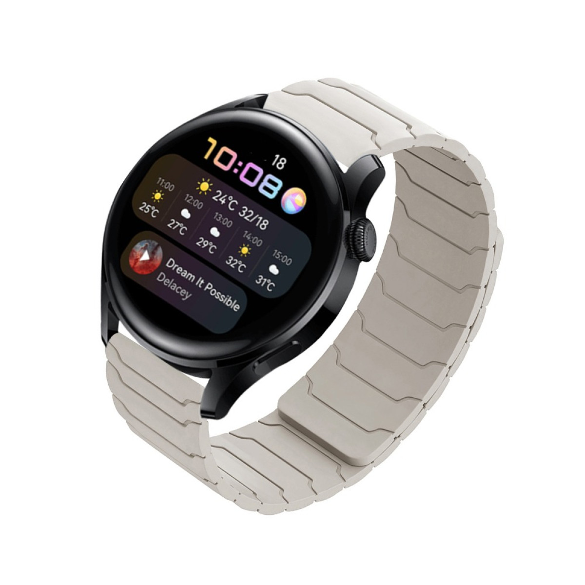 Eine smarte Uhr mit hellem Armband zeigt Wetterdaten und die Uhrzeit 10:08.