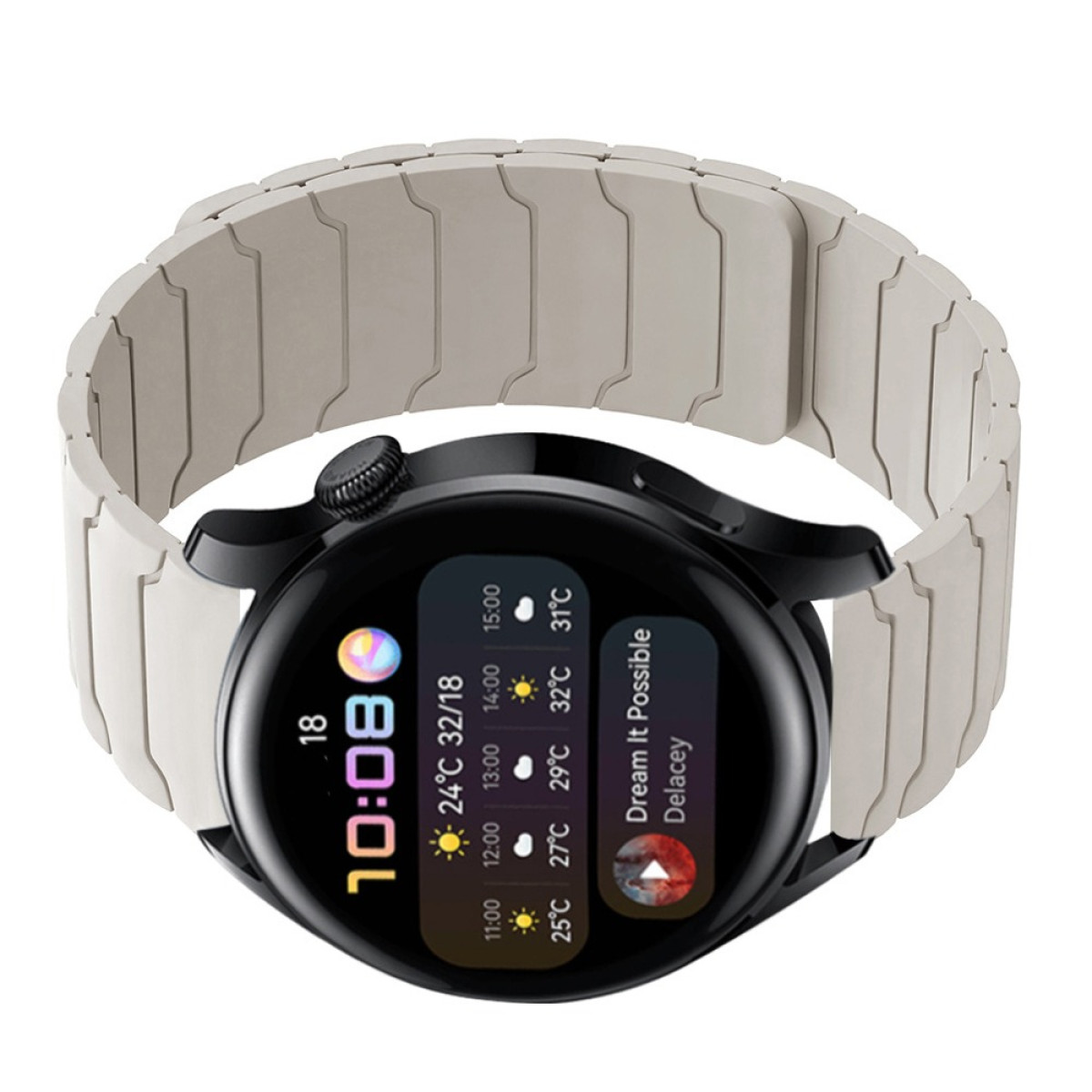 Eine graue Smartwatch mit einem Metallarmband zeigt die Uhrzeit 10:08 und Wetterinformationen.