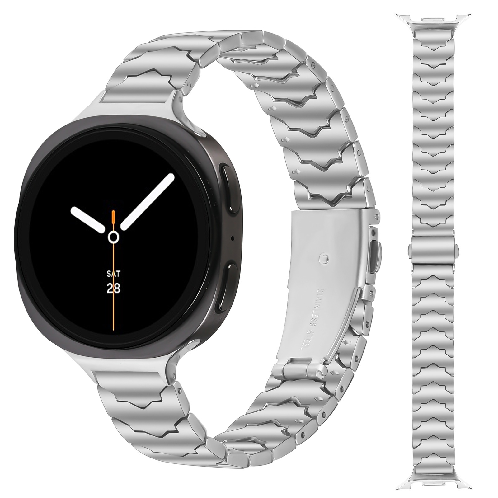 Silberne Smartwatch mit schwarzem Zifferblatt und Metallarmband, daneben ein Ersatzarmband.