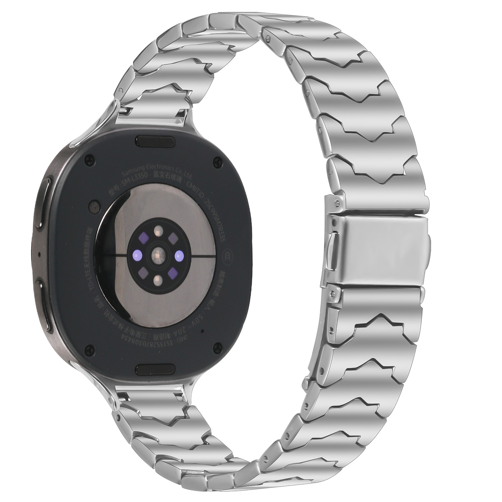 Rückseite einer Smartwatch mit silbernem Metallarmband und Herzfrequenzsensor.
