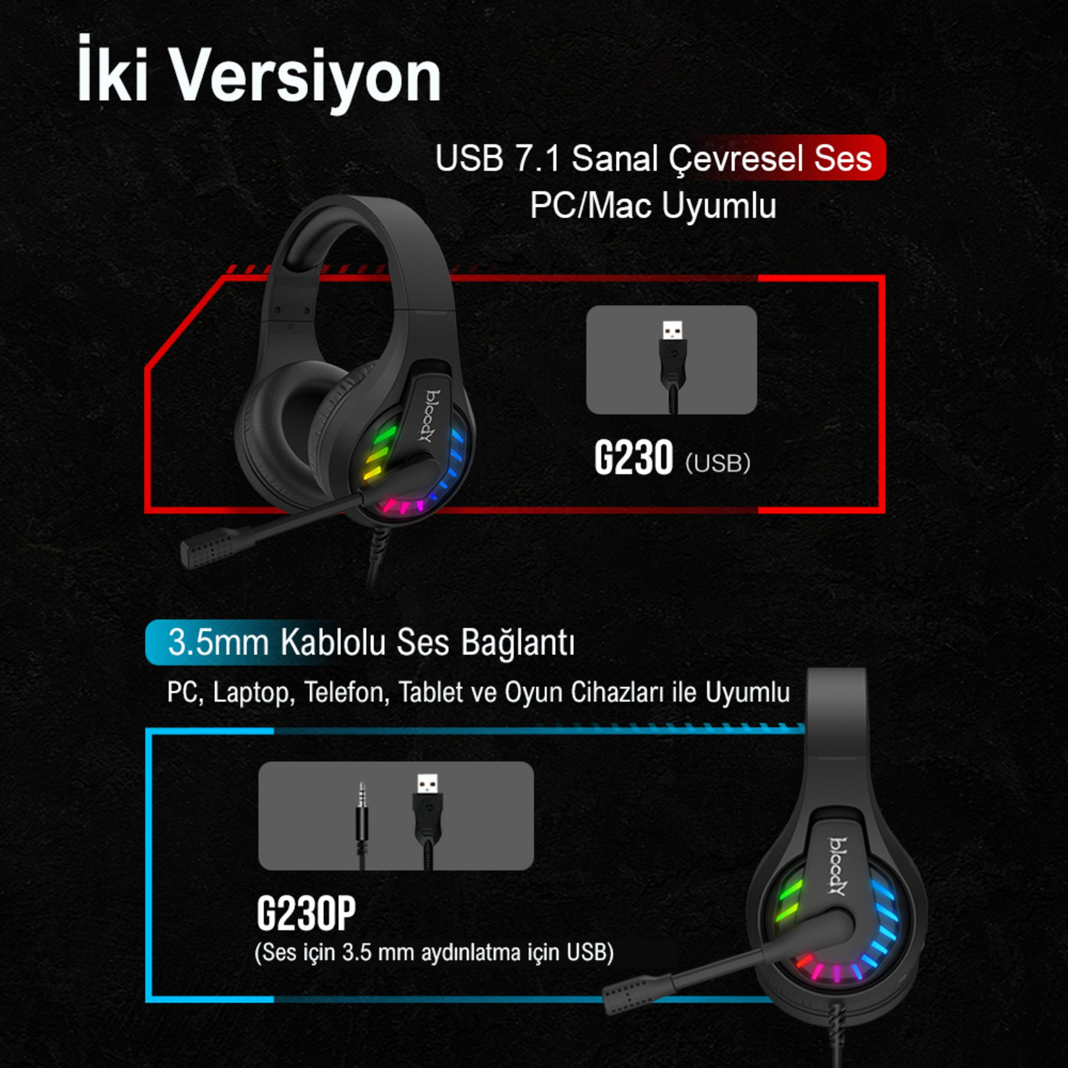 Két verzió: G230 (USB) 7.1 térhatású hanggal, G230P (3,5mm jack) PC/mobilhoz.