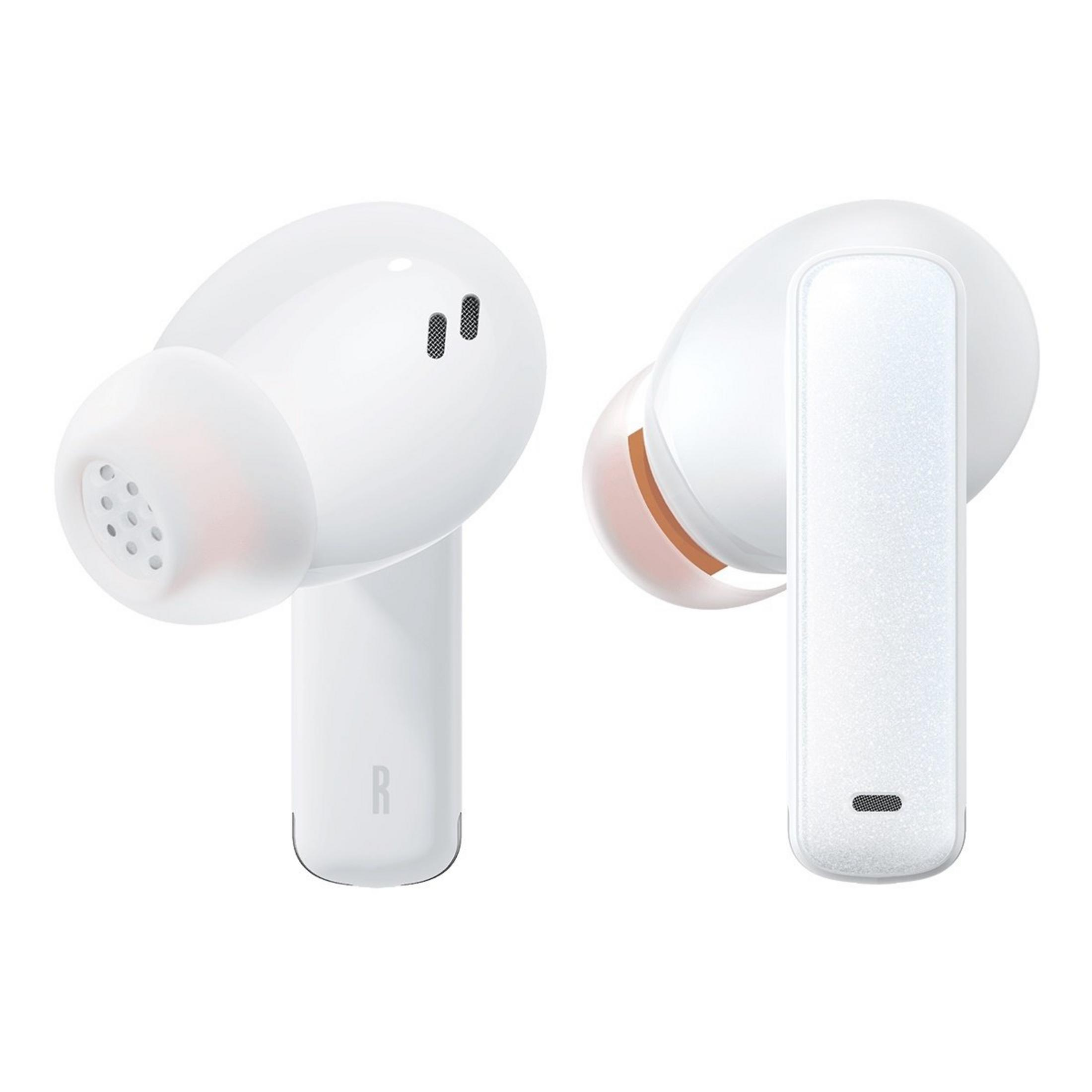 Dos auriculares inalámbricos blancos con vástago de carga sobre fondo blanco.