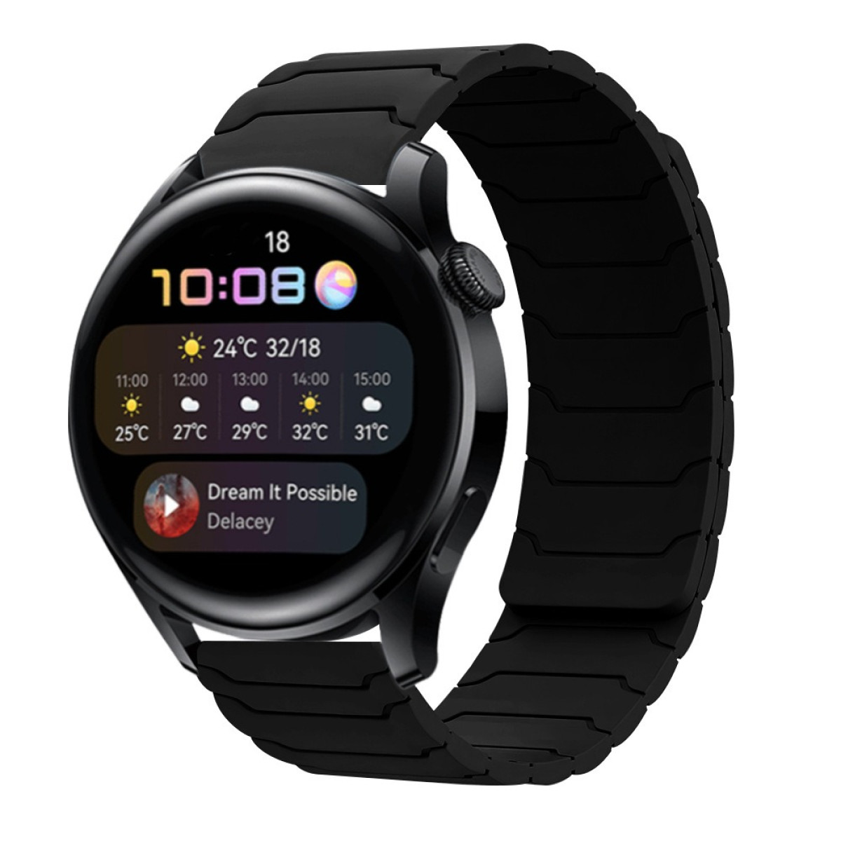 Eine schwarze Smartwatch mit einem runden Display, das die Uhrzeit 10:08 und Wetterdaten anzeigt.