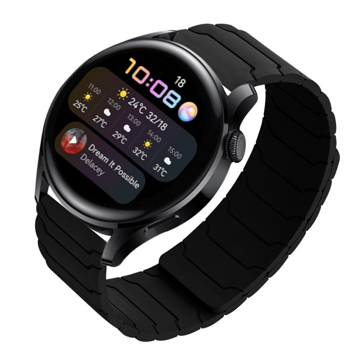 Schwarze Smartwatch mit schwarzem Armband, zeigt 10:08 Uhr und Wetterdaten an.