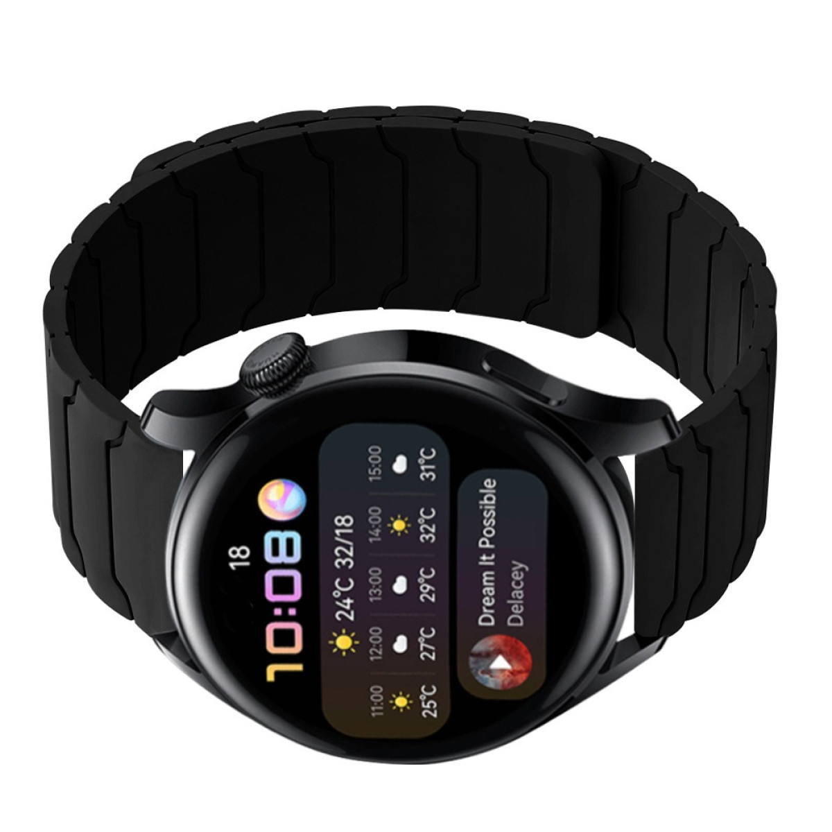 Schwarze Smartwatch mit Metallarmband und Farbdisplay, das Uhrzeit und Wetter anzeigt.