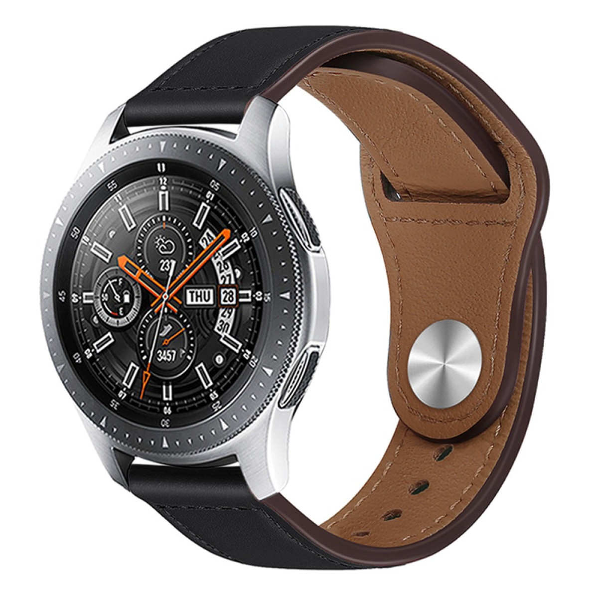 Silberne Smartwatch mit schwarzem und braunem Lederarmband, zeigt Zeit und Datum.