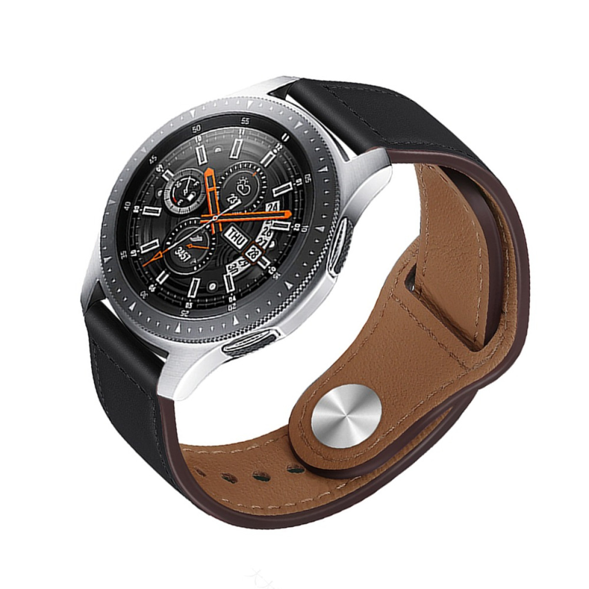 Eine silberne Smartwatch mit schwarzem Lederarmband und braunem Innenfutter.