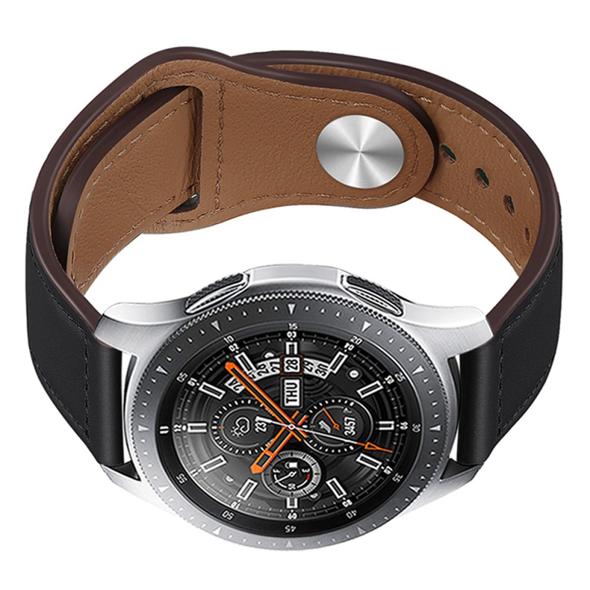 Silberne Smartwatch mit braunem und schwarzem Lederarmband.