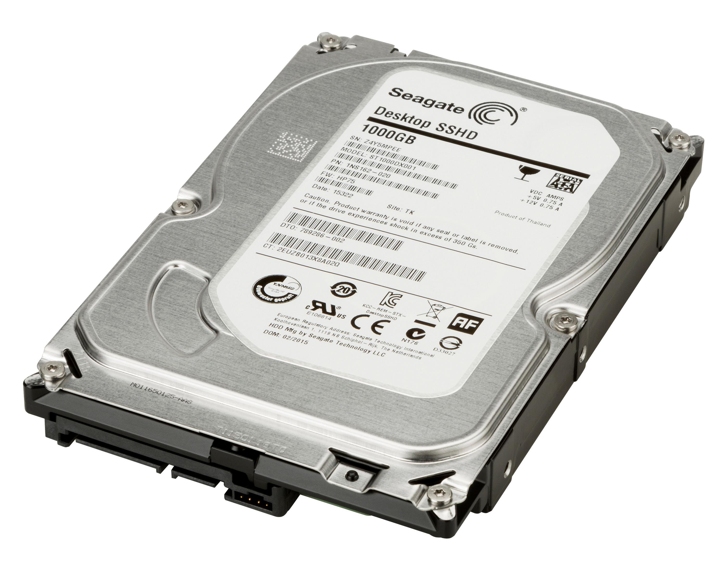 Seagate 1000GB Desktop SSHD, zilver, met connectoren.