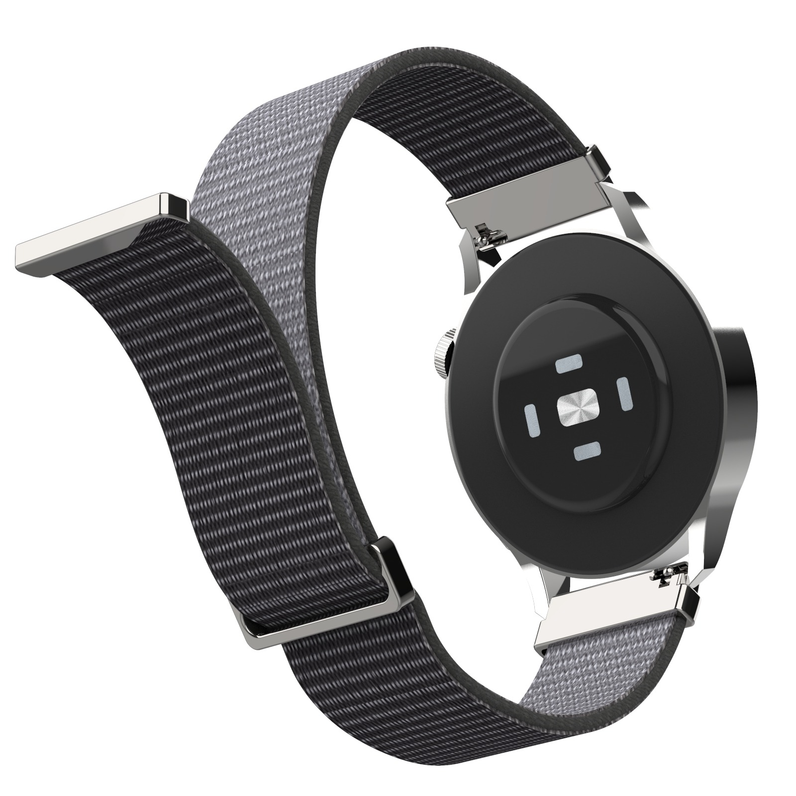 Rückseite einer Smartwatch mit grauem Stoffarmband und Metallschnallen.