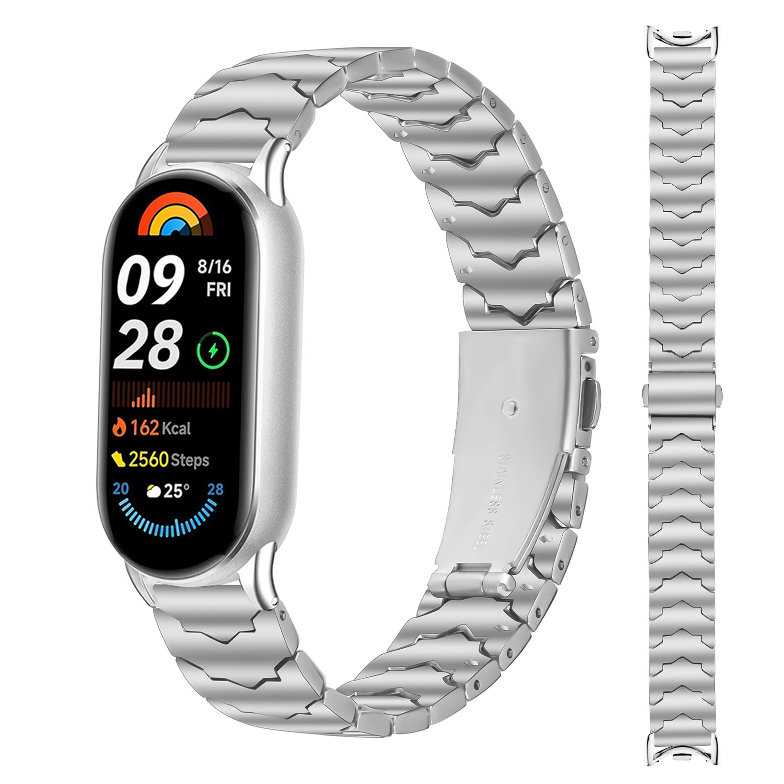 Silbernes Smartwatch-Armband mit einem silbernen Armband und einer Uhr mit Anzeige.