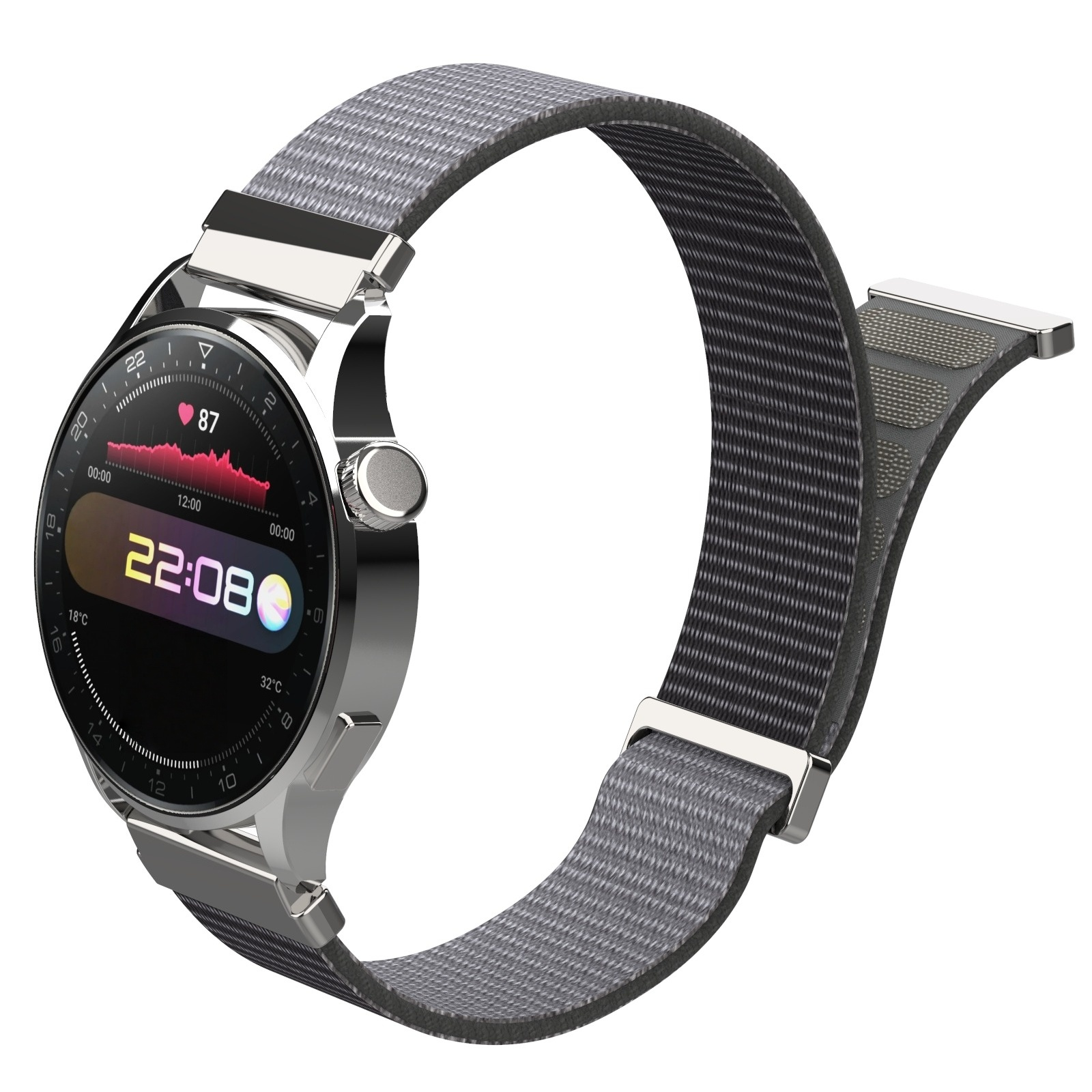 Eine silberne Smartwatch mit grauem Stoffarmband zeigt 22:08 Uhr, 87 Herzfrequenz, 18°C und 32°C.