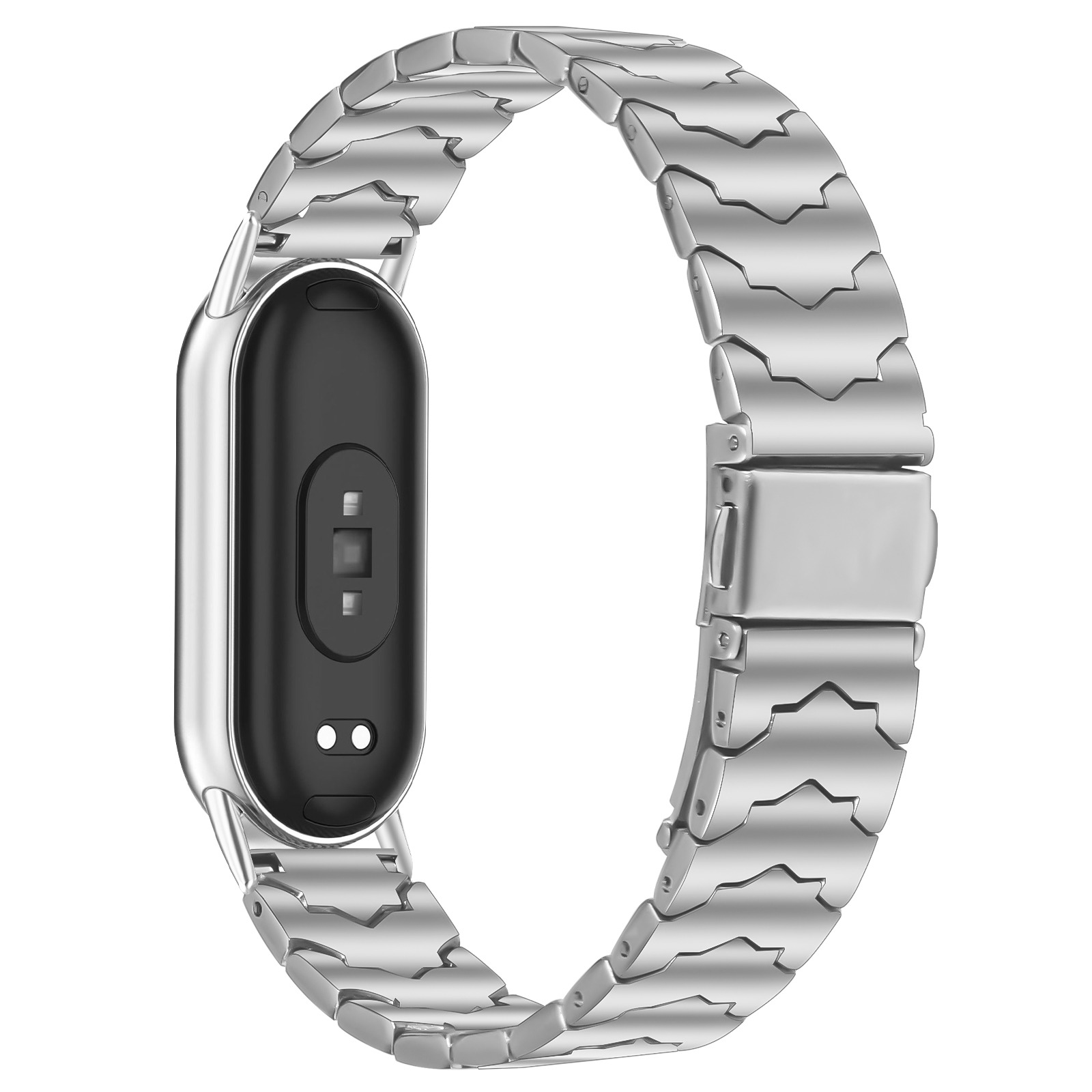 Ein silbernes Metallarmband für ein schwarzes Fitnessarmband.