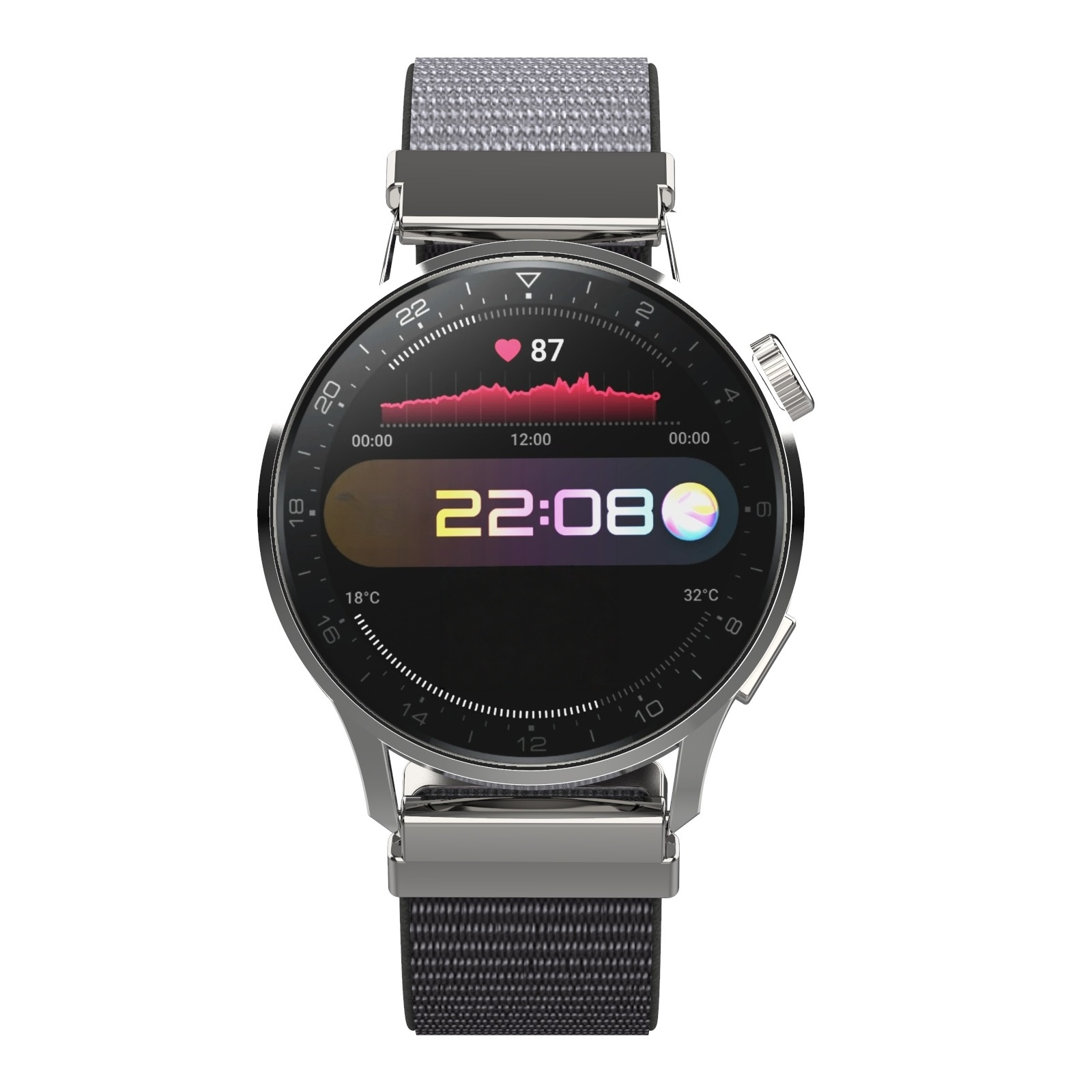 Eine Smartwatch mit silbernem Gehäuse und Stoffarmband zeigt 22:08 Uhr, Herzfrequenz und Temperatur an.