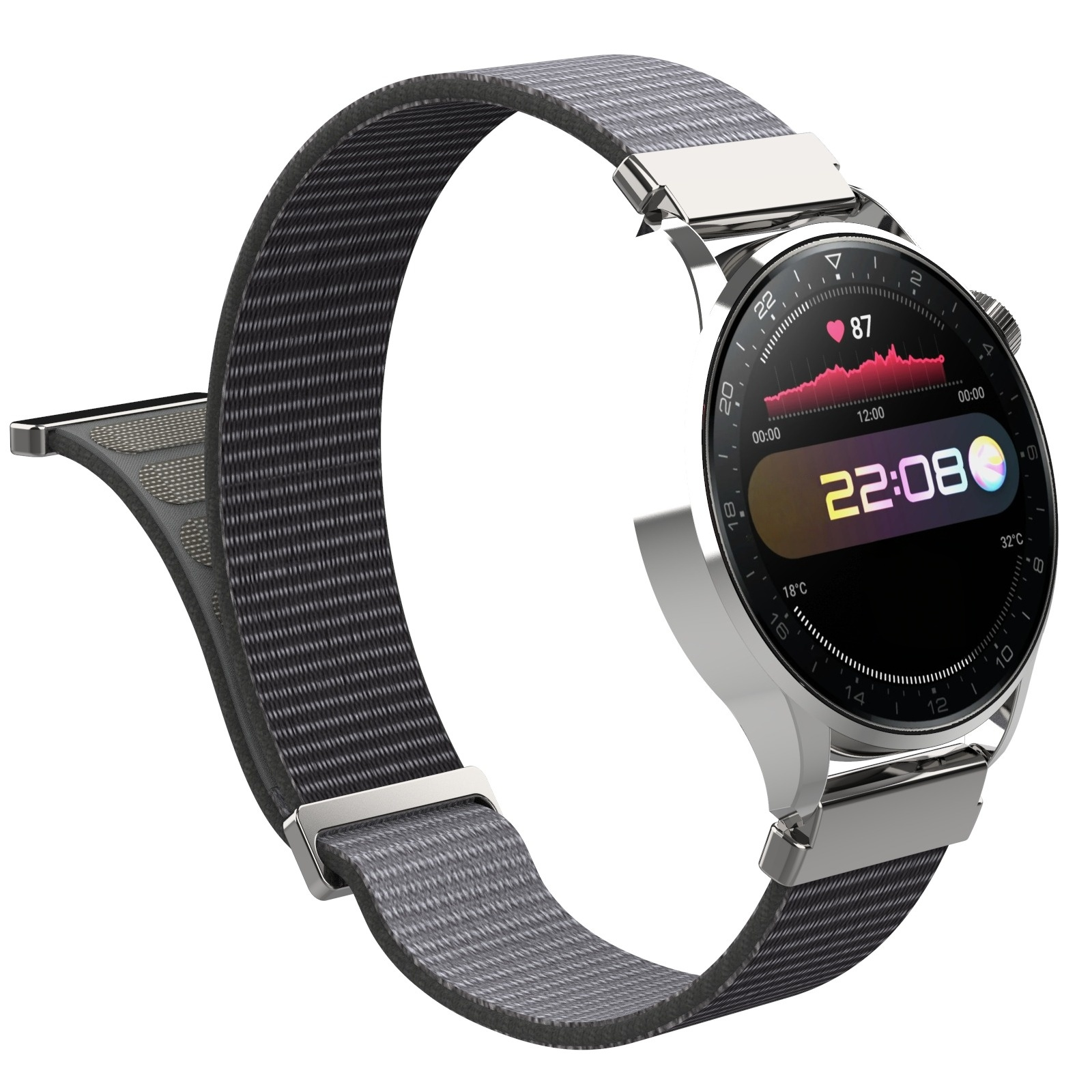 Eine silberne Smartwatch mit grauem Stoffarmband zeigt 22:08 Uhr und Herzfrequenzdaten an.
