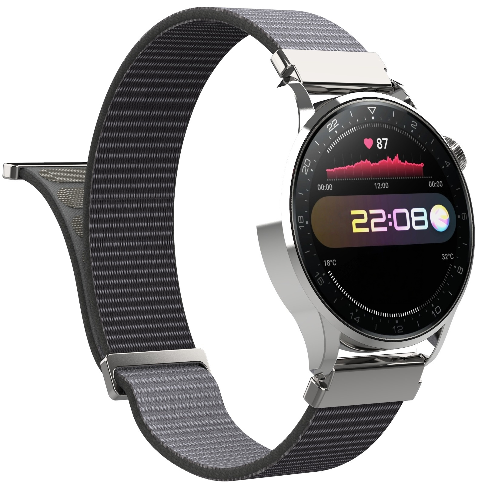 Eine graue Smartwatch mit digitalem Zifferblatt, das 22:08 Uhr und Herzfrequenz anzeigt.