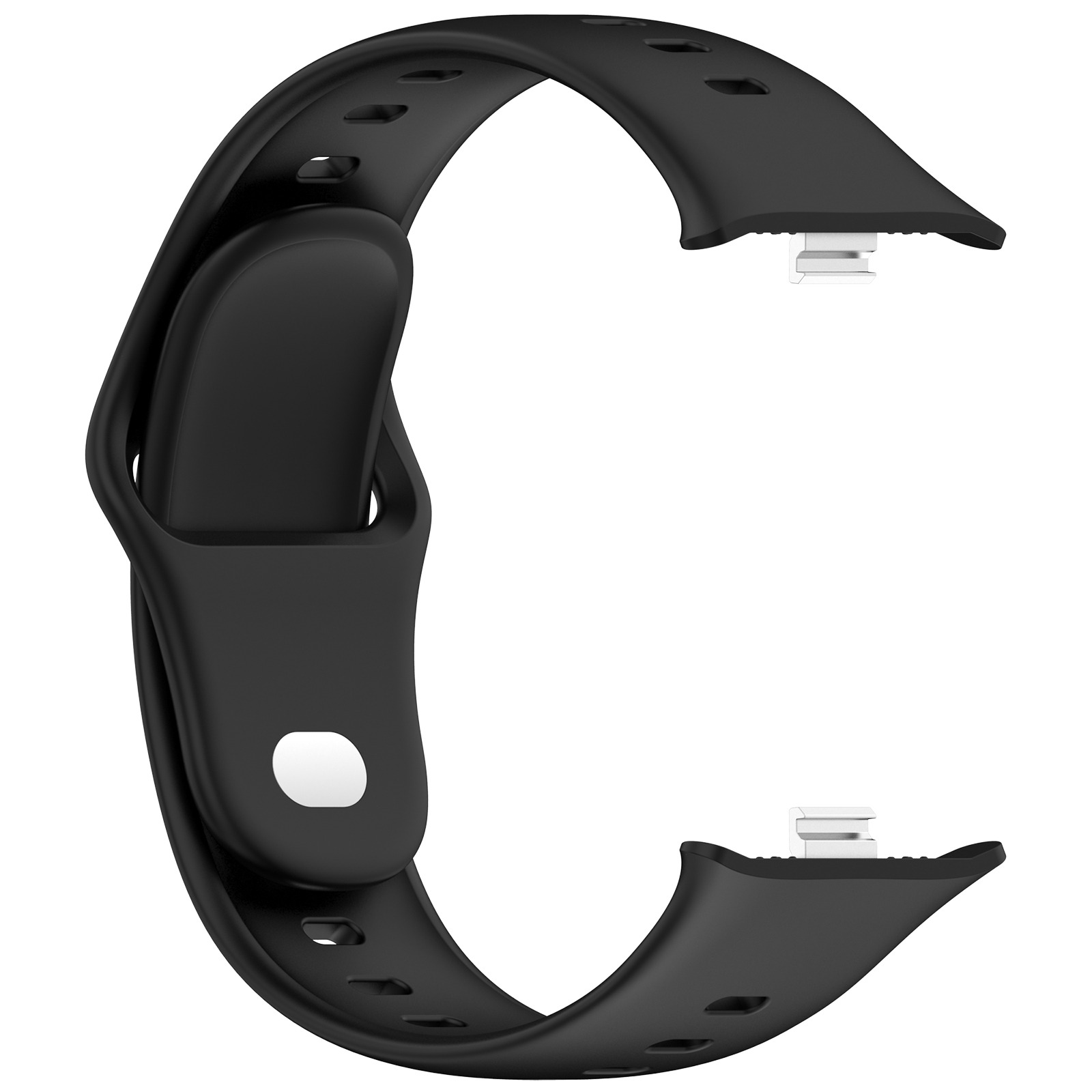 Schwarzes Armband mit Lüftungsschlitzen und silbernen Verbindungsstücken.