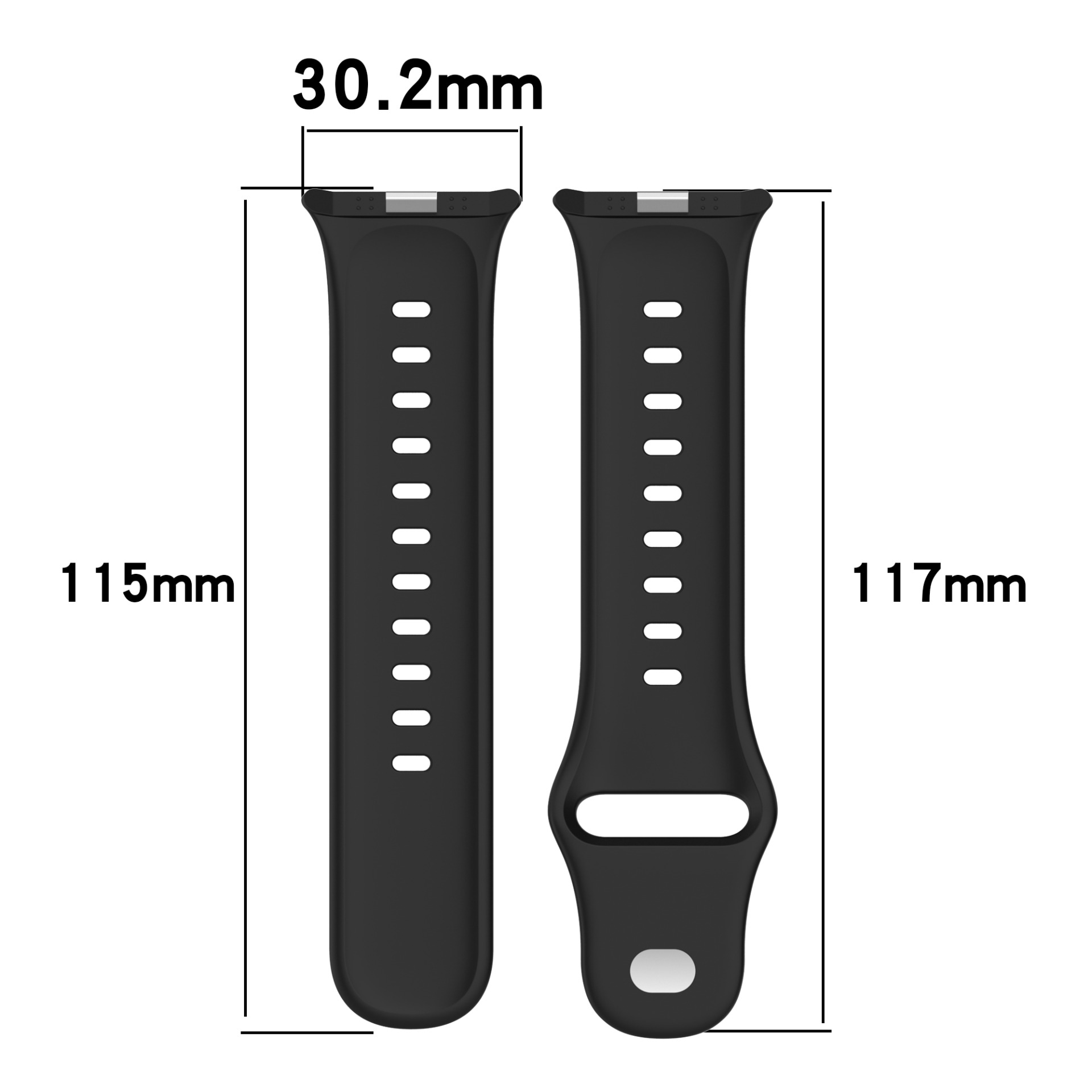 Zwei schwarze Uhrenarmbänder mit Längenangaben.