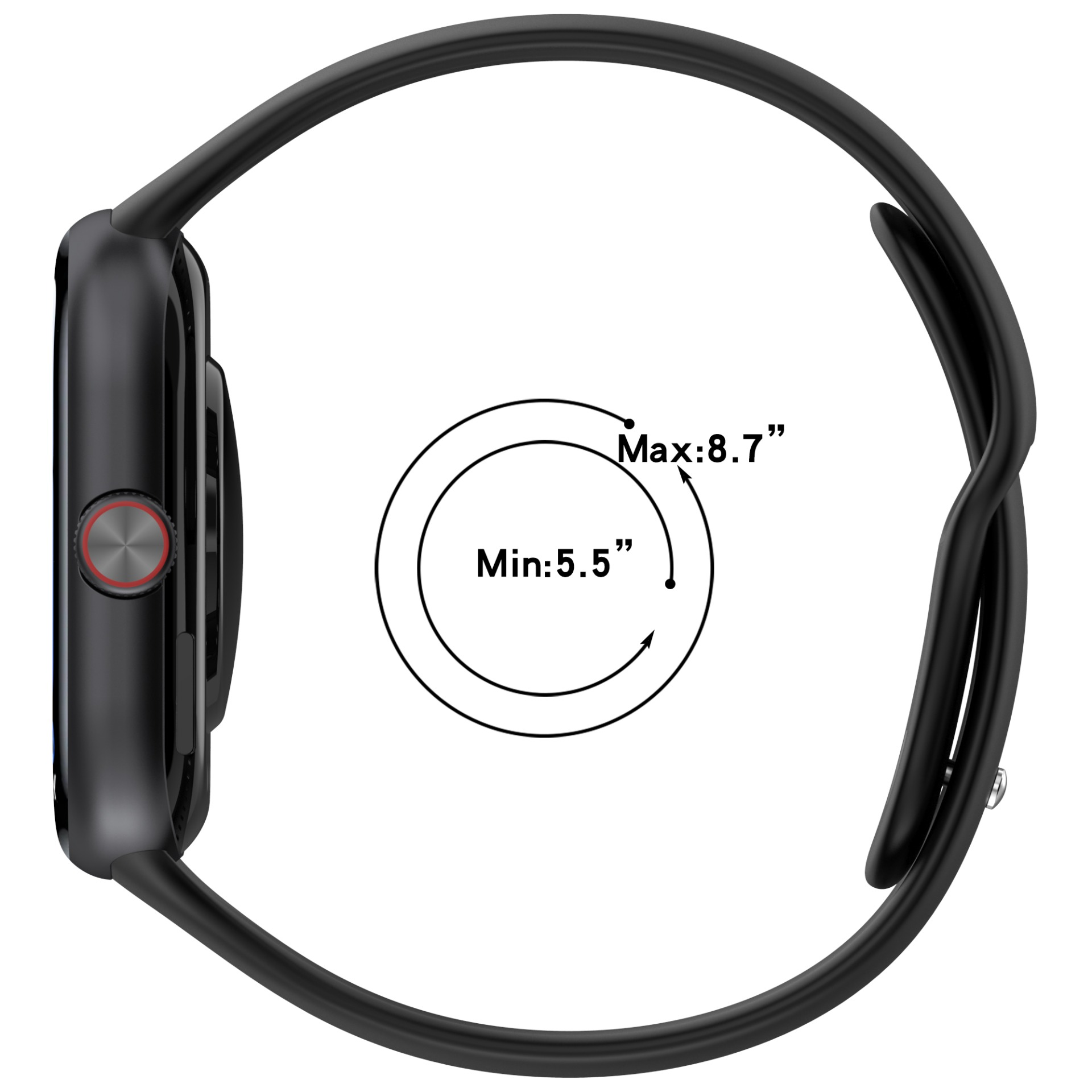 Schwarzes Smartwatch-Armband mit Größenangaben: min. 5,5", max. 8,7".