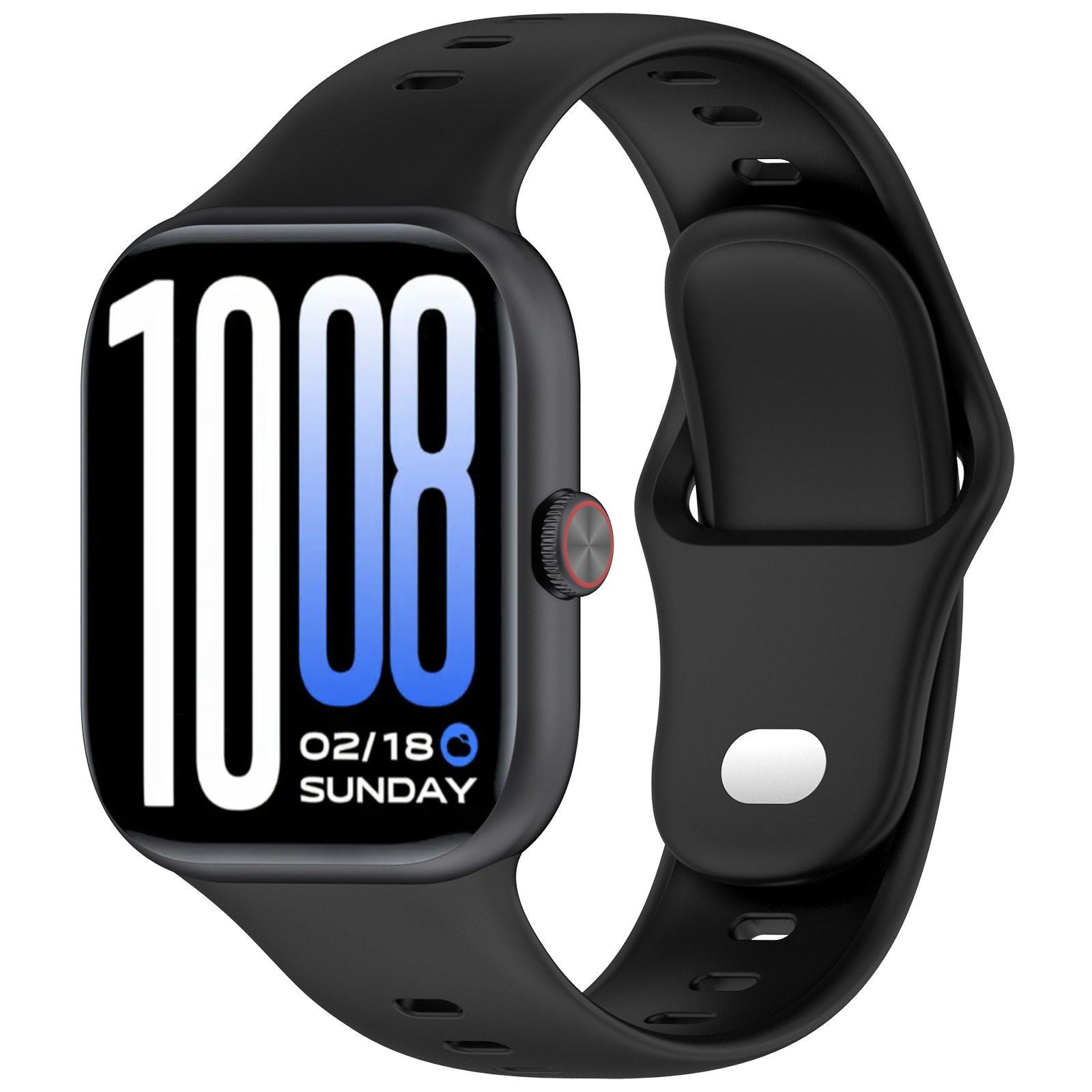 Eine schwarze Smartwatch mit großem Display, das 10:08 und 02/18 Sonntag anzeigt.