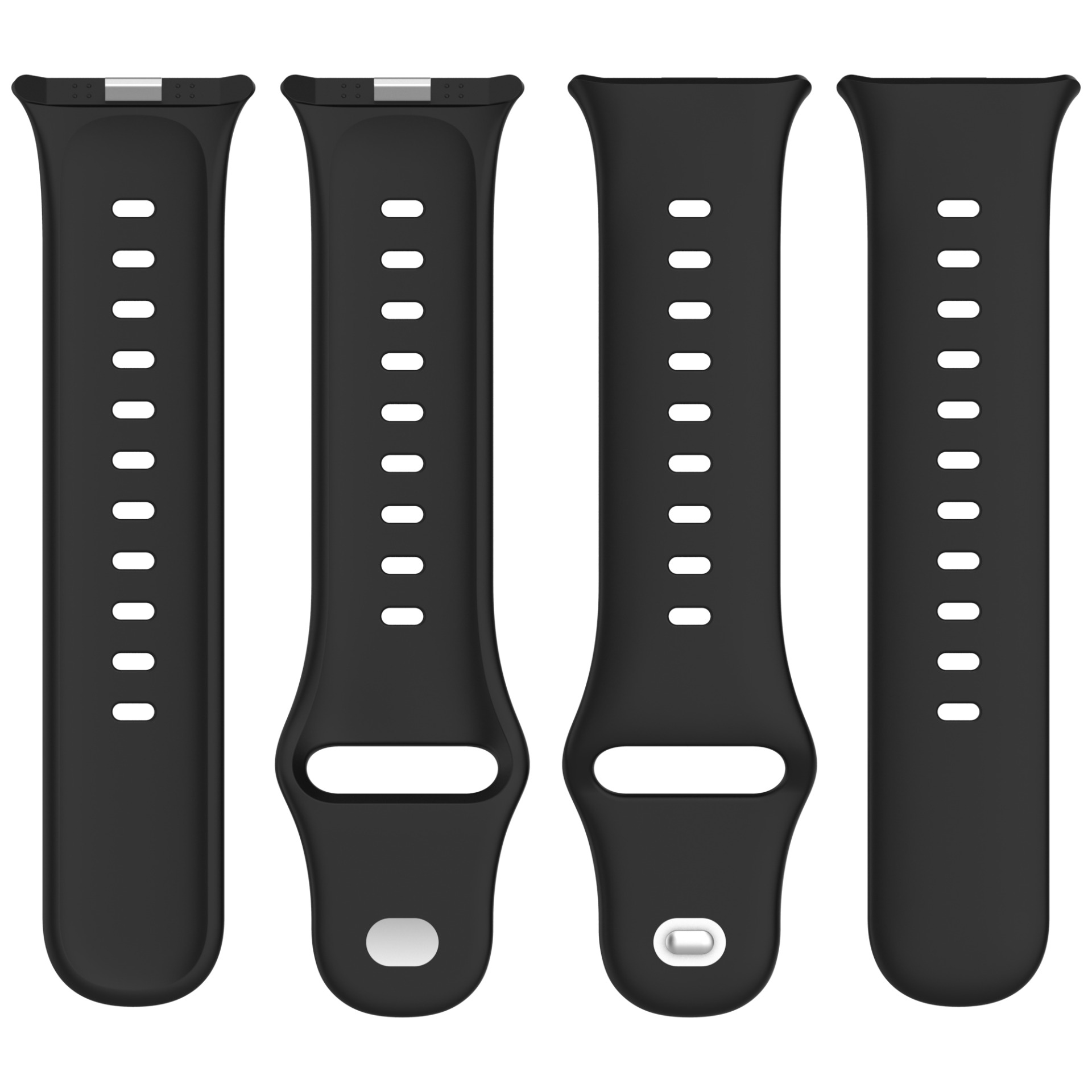 Vier schwarze Uhrenarmbänder mit Lochreihen und silbernen Anschlüssen.
