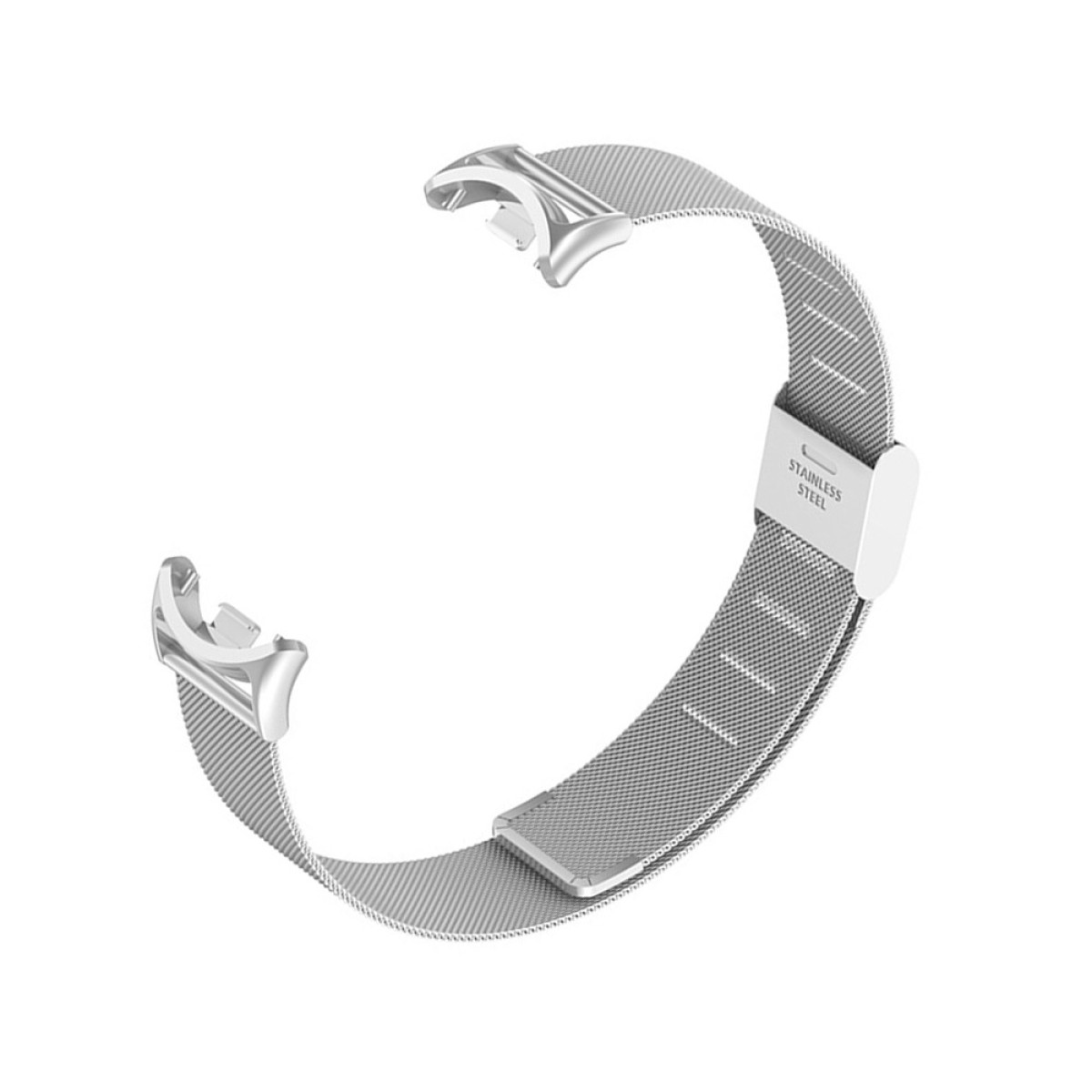 Ein silbernes Milanaise-Armband für eine Smartwatch, mit einem Hakenverschluss.