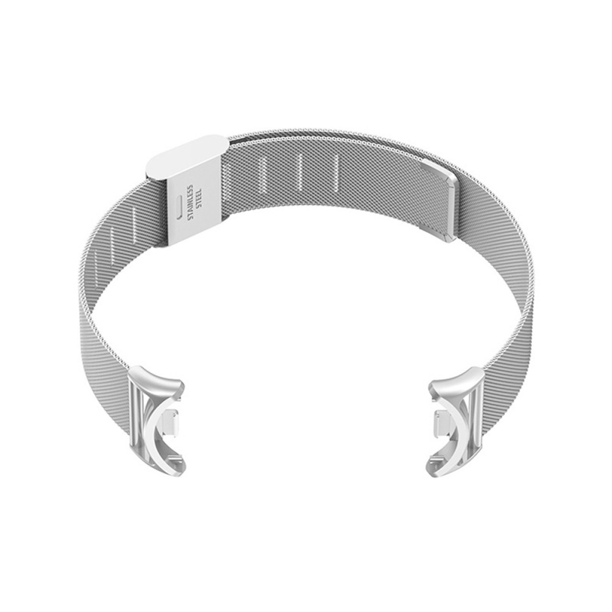 Ein silbernes Edelstahl-Uhrenarmband mit Mesh-Geflecht auf weißem Hintergrund.