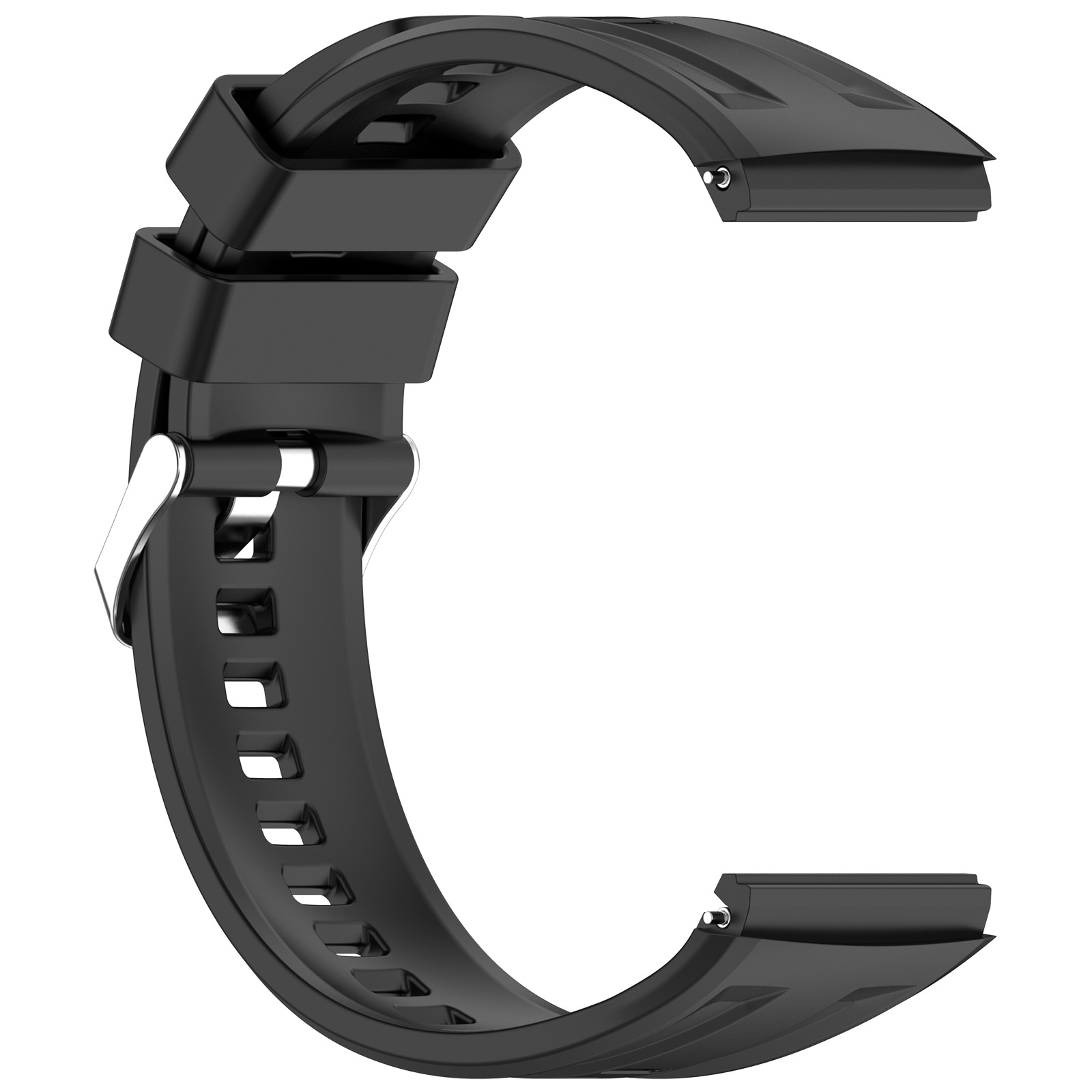 Schwarzes Uhrenarmband aus Gummi mit Metallschnalle und Lochmuster.