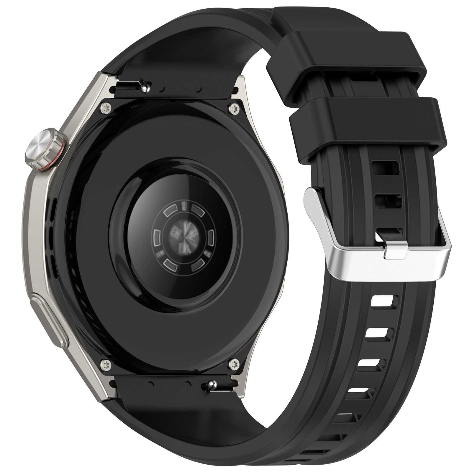 Rückseite einer schwarzen Smartwatch mit silbernem Zifferblatt und schwarzem Armband.
