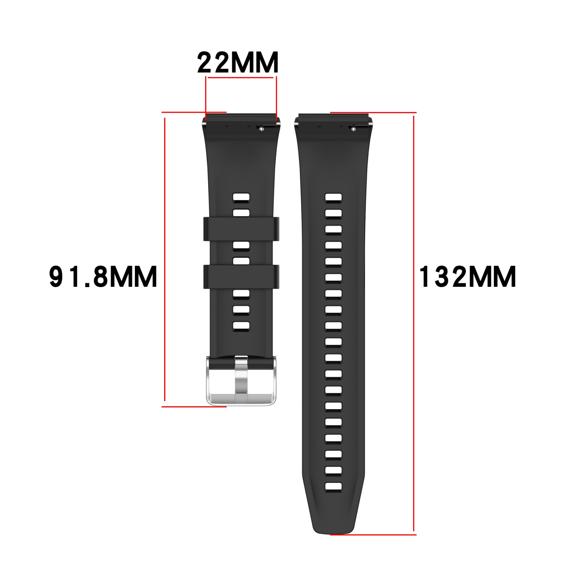 Zwei schwarze Uhrenarmbänder mit Maßangaben: 22MM, 91.8MM, 132MM.