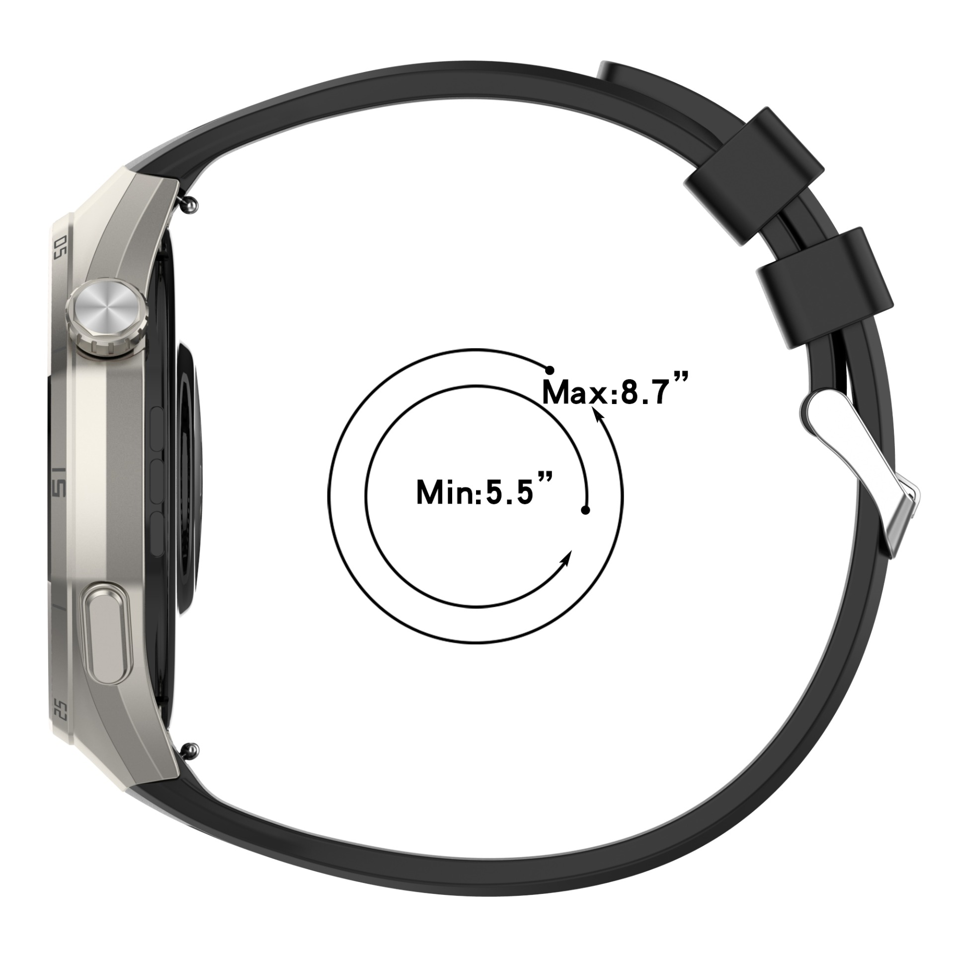 Silberne Smartwatch mit schwarzem Armband und Maßangaben für Min/Max.