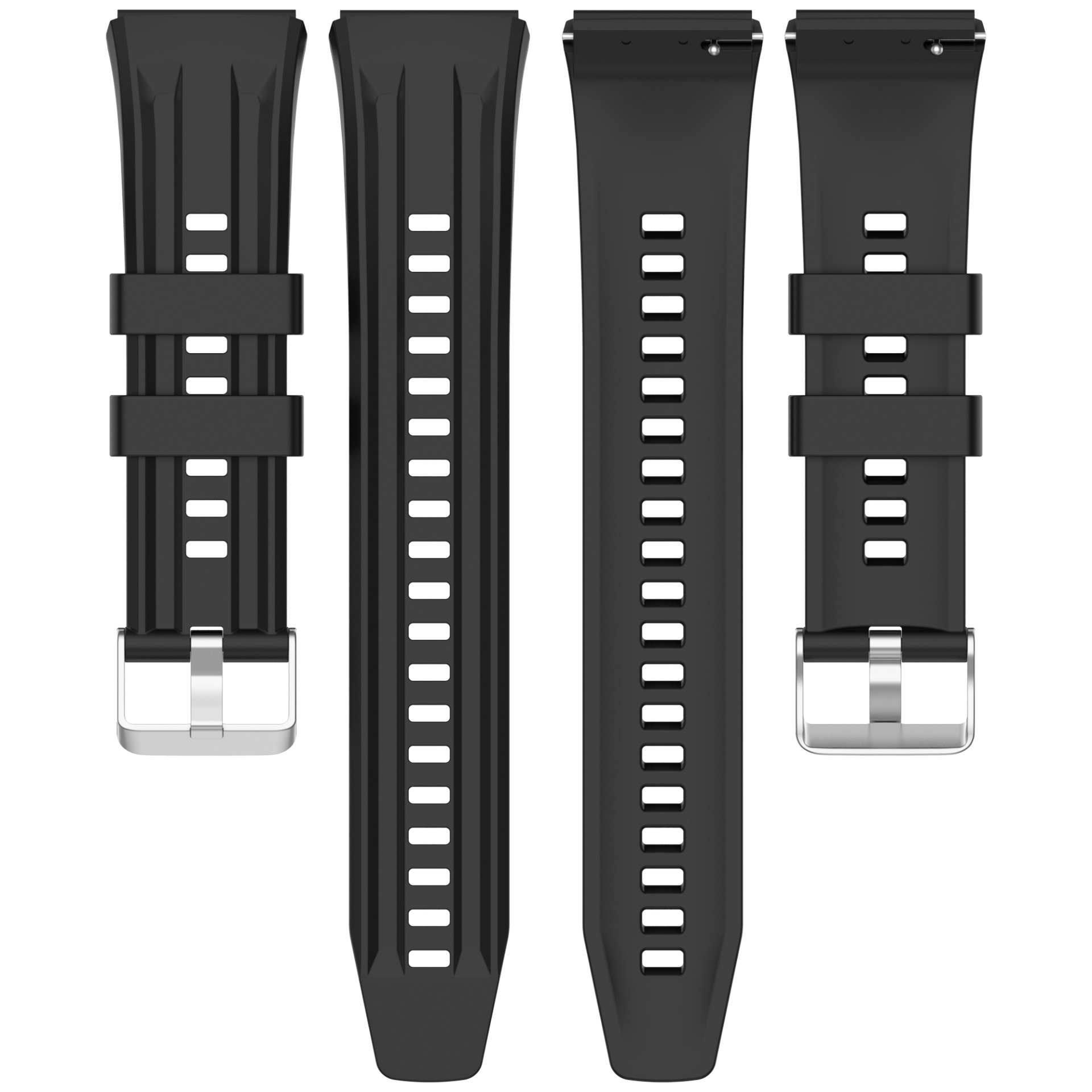 Zwei schwarze Uhrenarmbänder mit silbernen Schnallen und Löchern.