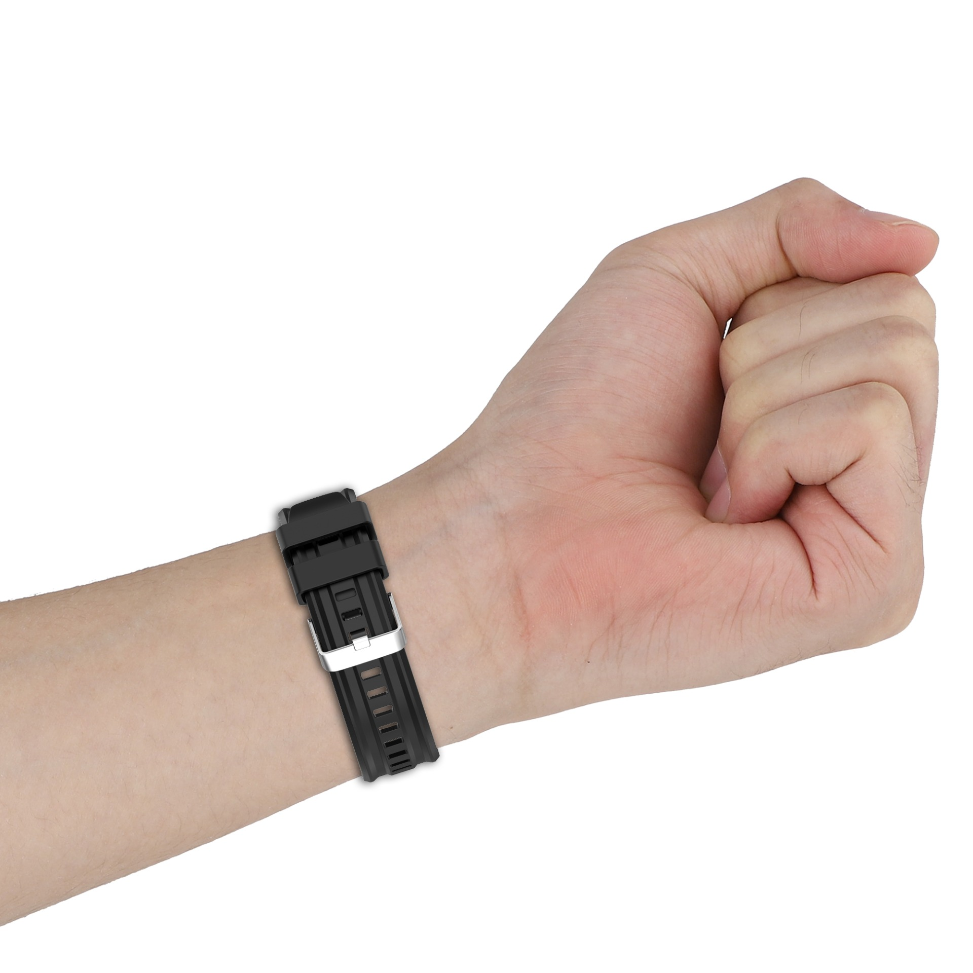 Ein Arm mit schwarzem Uhrenarmband und Metallschnalle auf weißem Hintergrund.