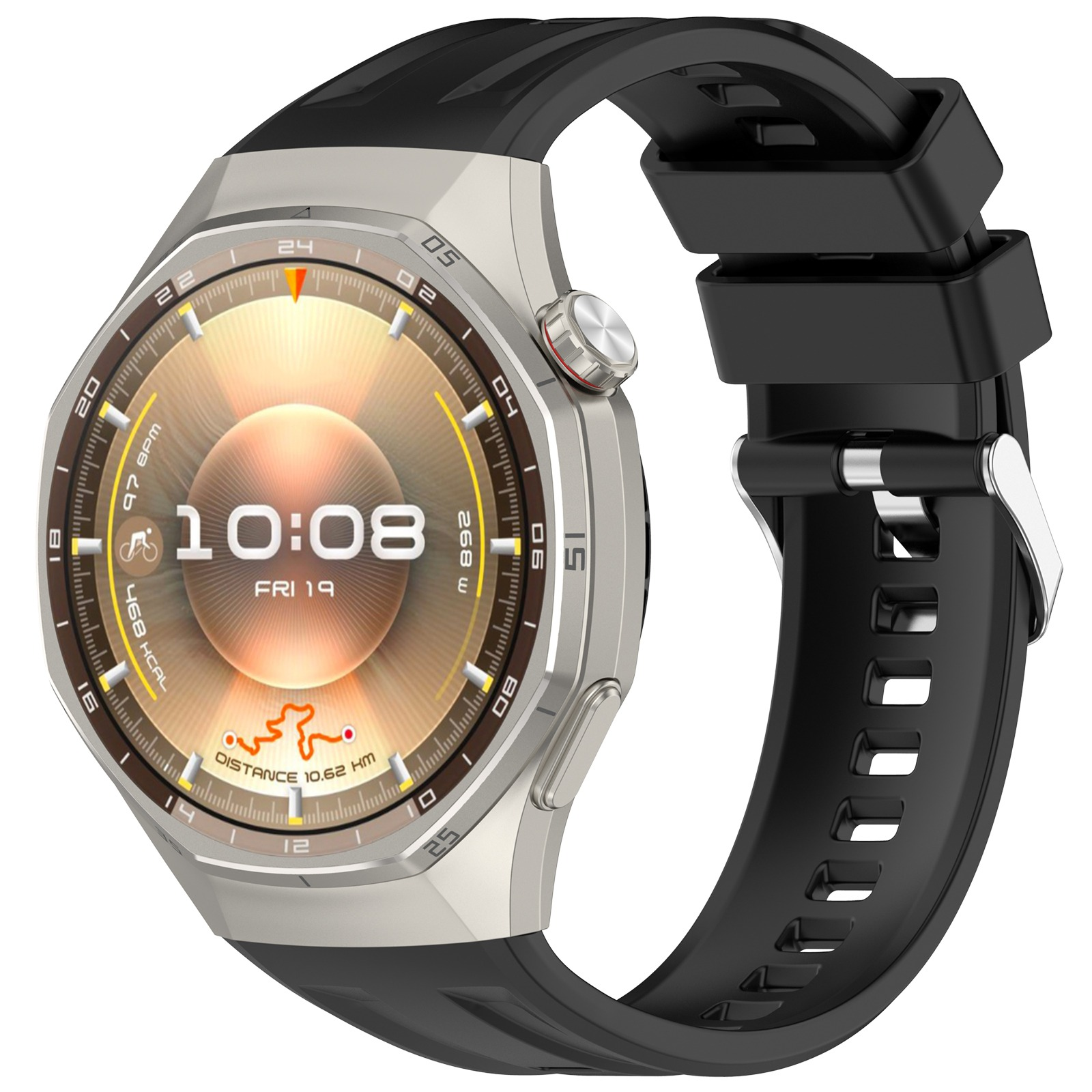 Eine silberne Smartwatch mit schwarzem Armband zeigt 10:08 Uhr an.
