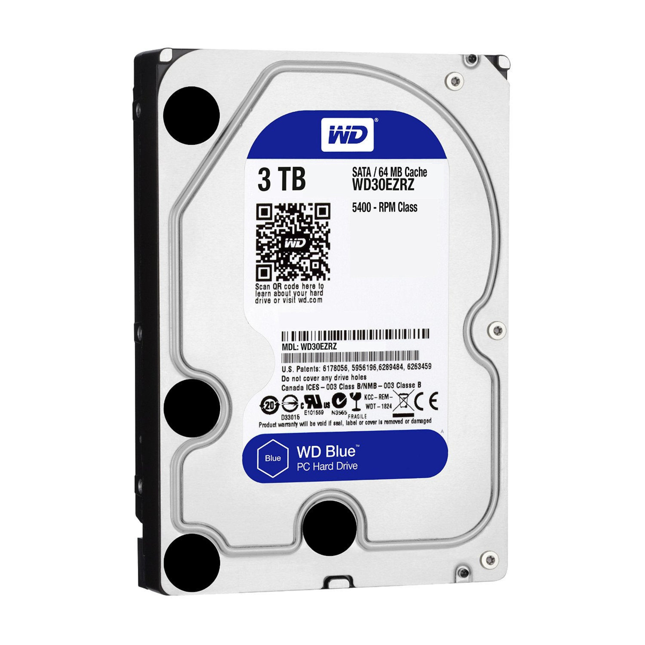 Hard disk PC WD Blue da 3 TB con scocca argentata e parte superiore blu.
