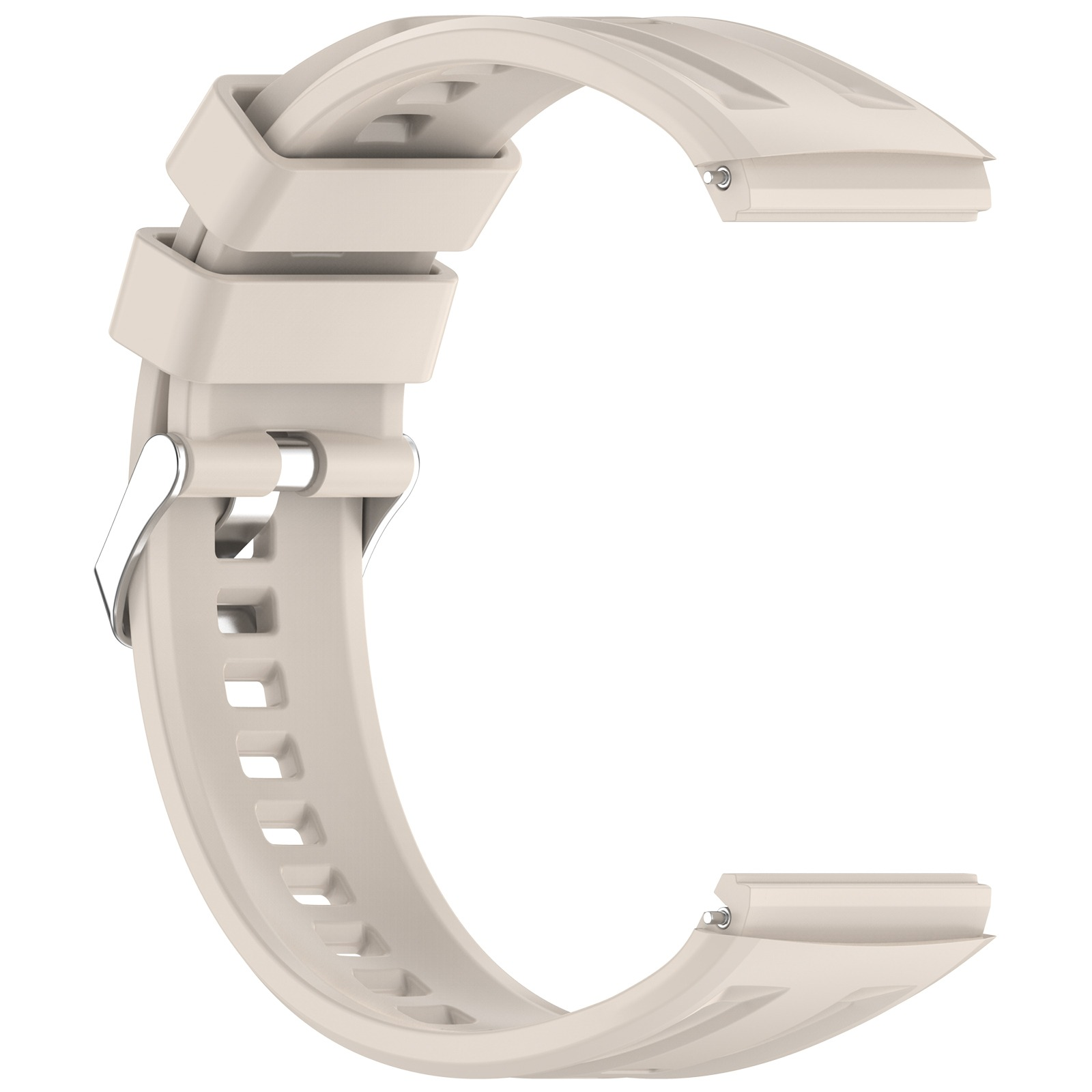 Ein cremefarbener Uhrenarmband mit silberner Schnalle und Lochmuster.
