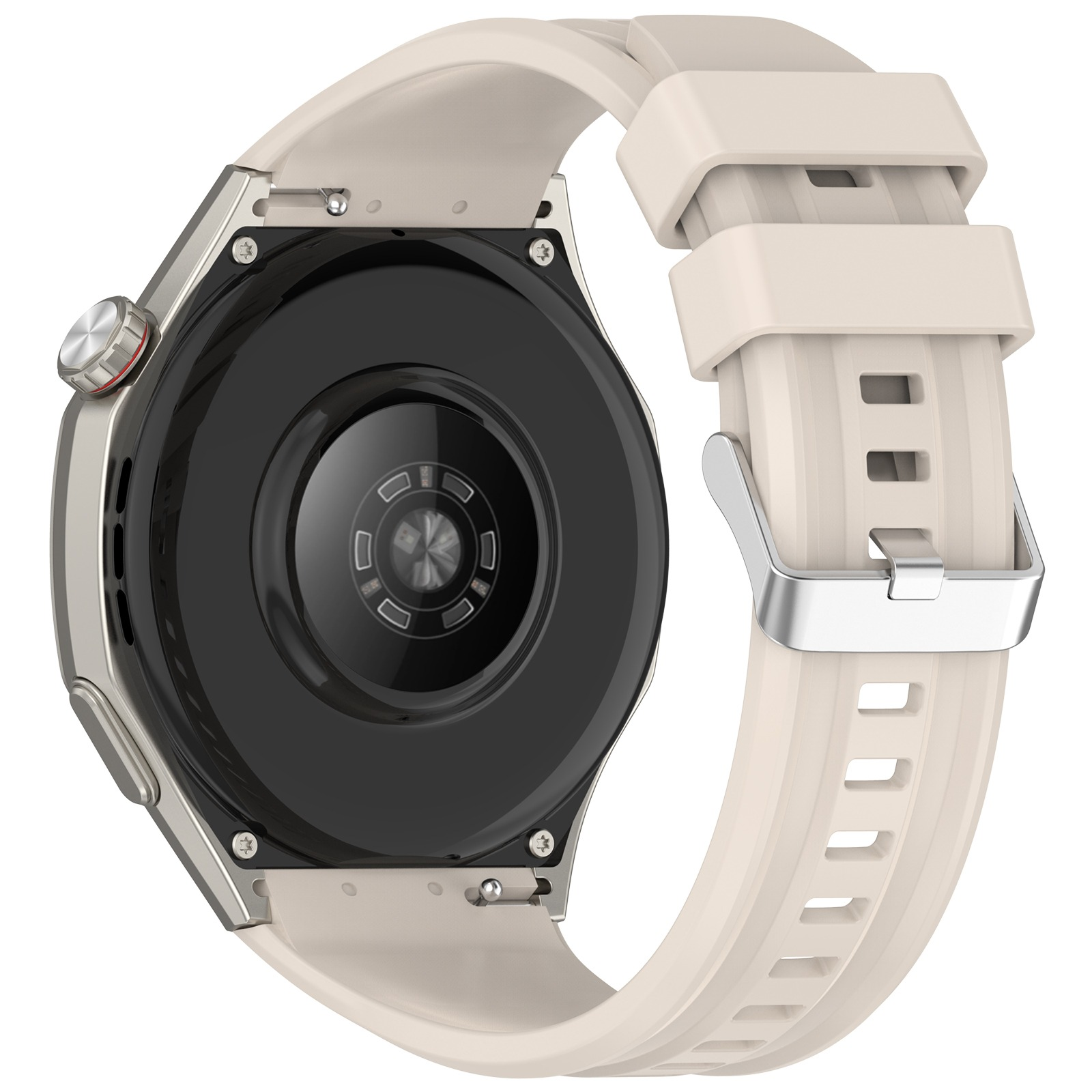 Rückseite einer Smartwatch mit hellem Armband und silberner Schnalle.